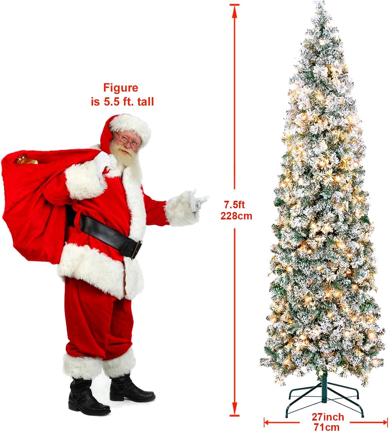 Árbol de Navidad preiluminado de 7.5 pies, árbol de Navidad artificial delgado con bisagras de metal y base para el hogar, tiendas, oficina,