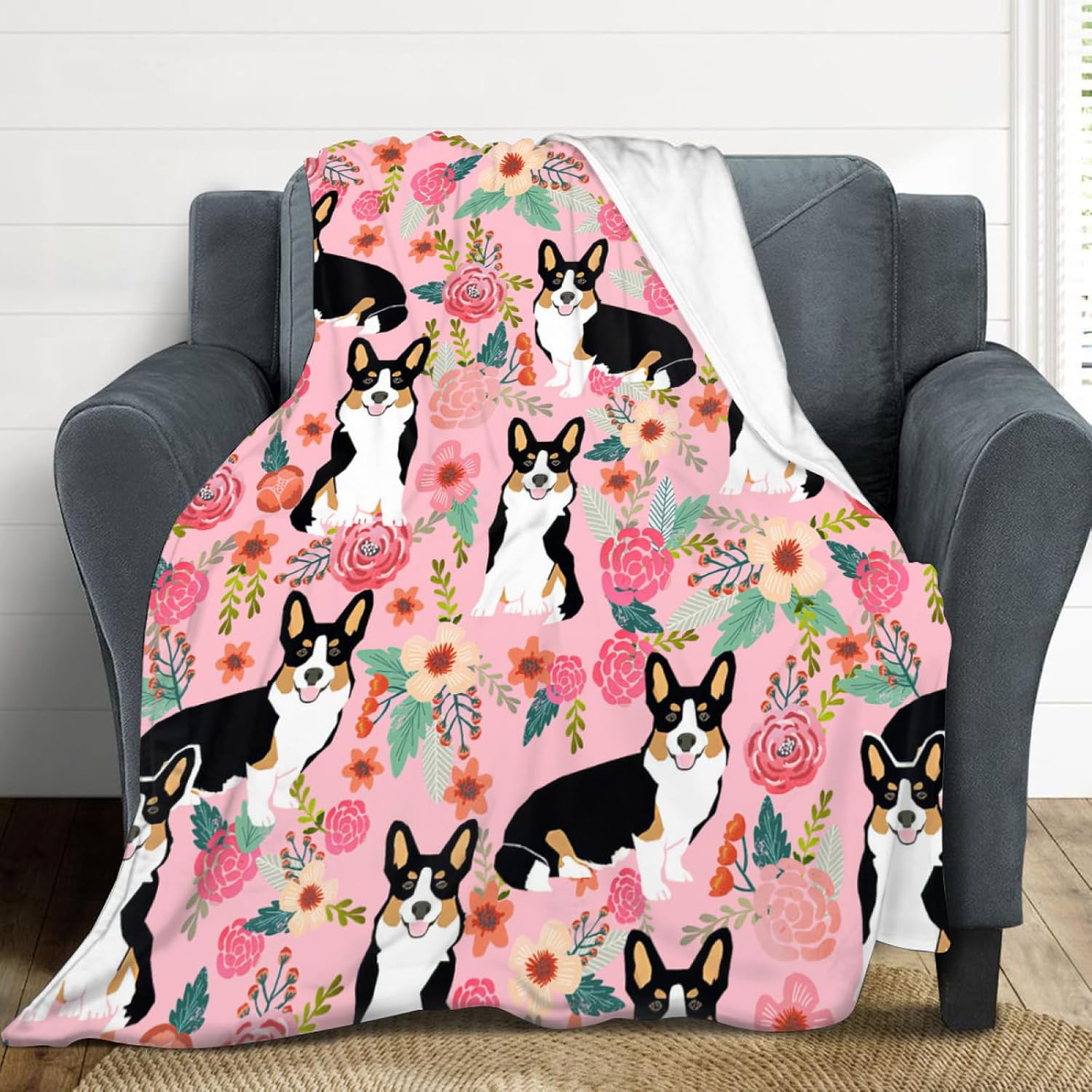 Manta de Corgi regalos para las amantes de Corgi para mujeres, lindas flores corgis, manta de franela de forro polar, suave y cálida manta rosa para