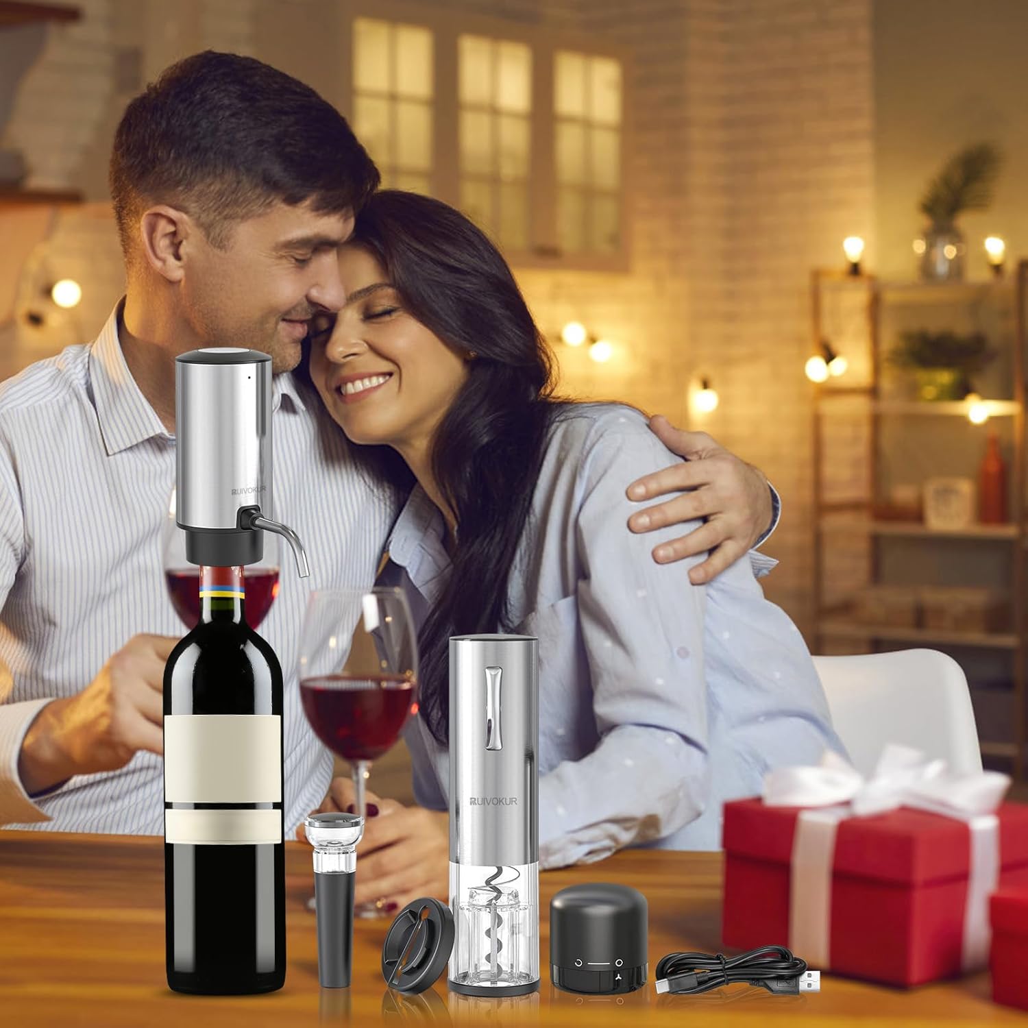 RUIVOKUR Juego de abridor de vino eléctrico, abridor automático de vino y aireador, juego 6 en 1 recargable, abridor de botellas de vino eléctrico,