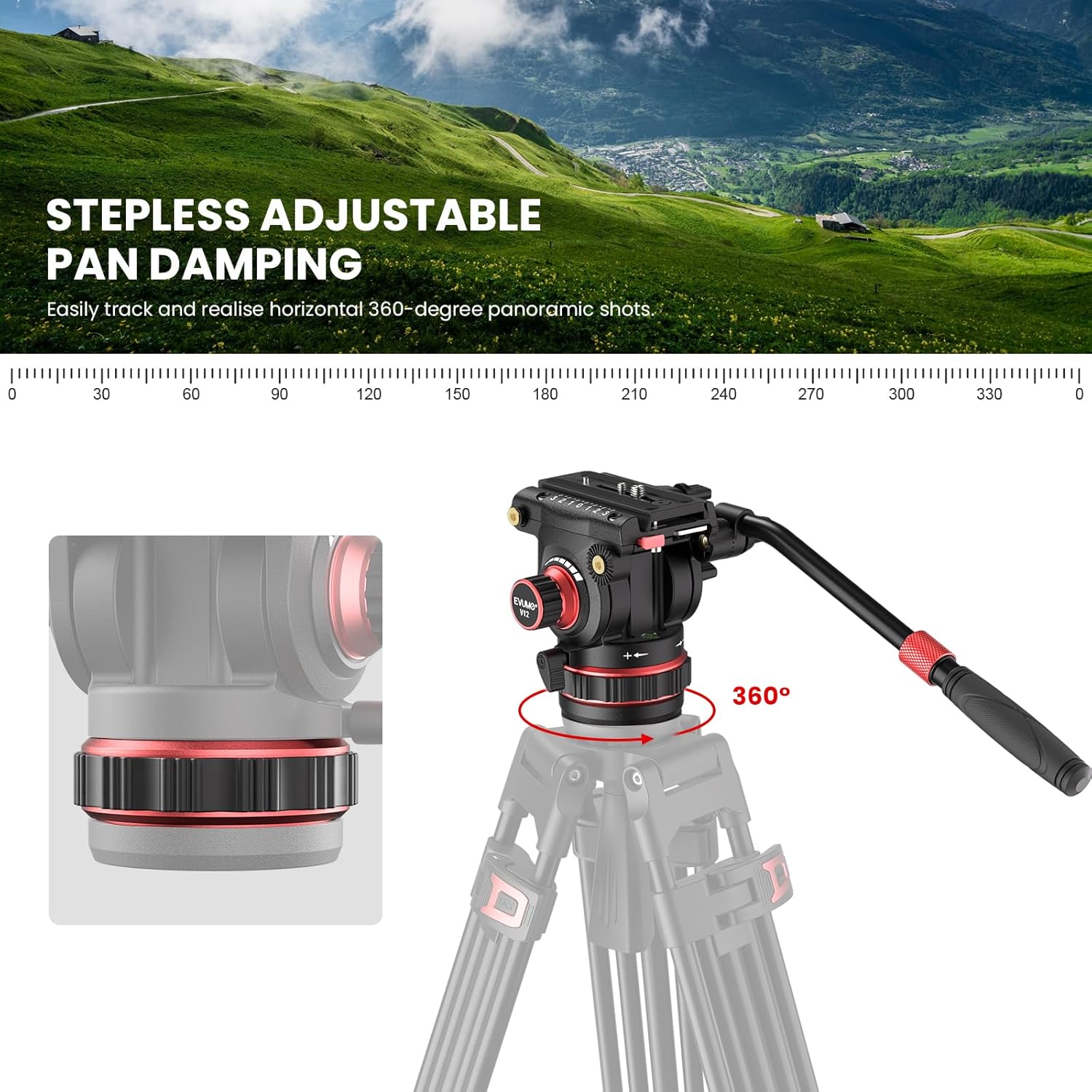 V12 Cabezal de fluido, base de 2.953 in, soporte de cabeza de líquido de trípode resistente para DSLR, cámara de video, videocámara, amortiguación