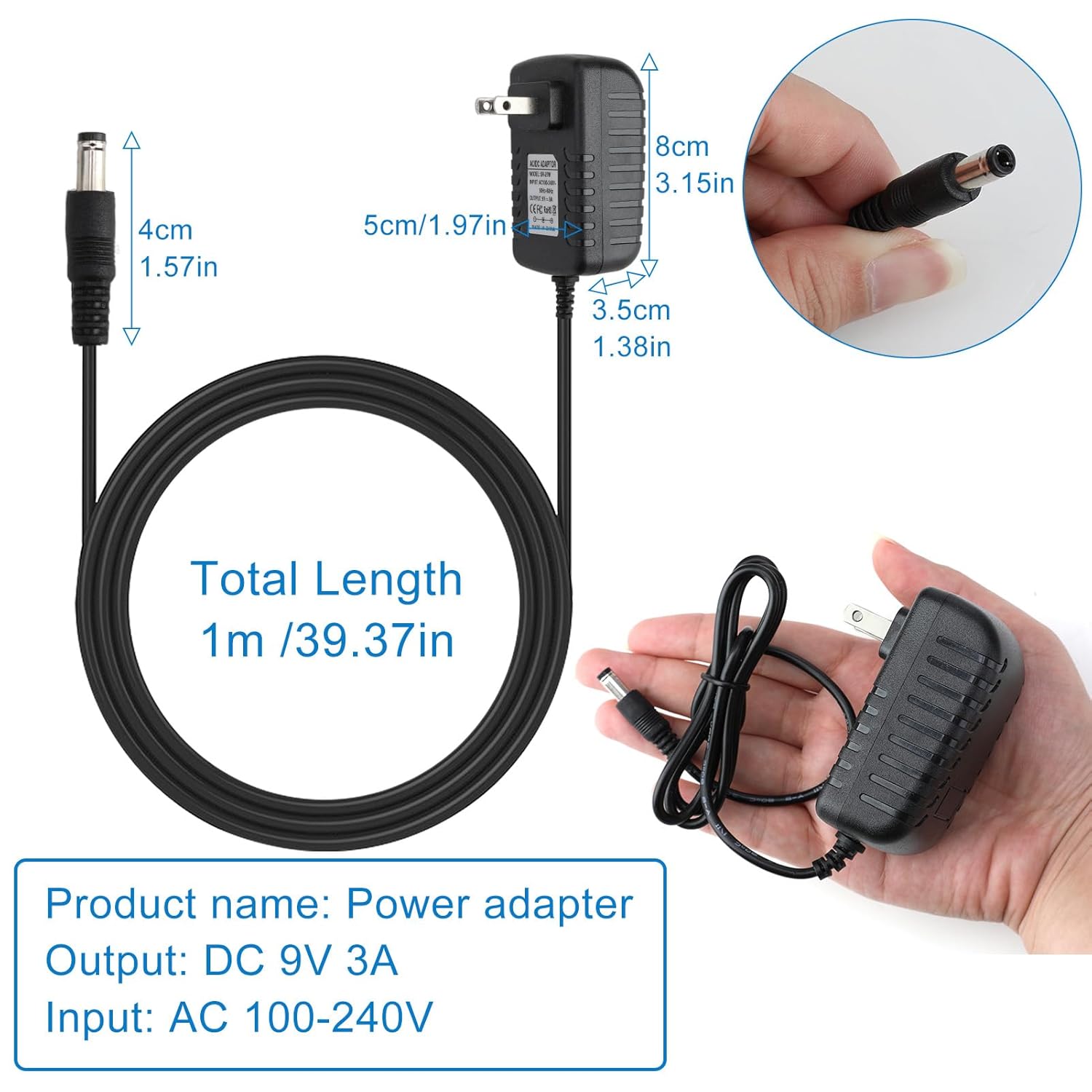 Cable de fuente de alimentación de 9 V 3 A, 27 W, entrada de adaptador de CA de repuesto AC100-240V a CC 9Volt 3A Cargador de respaldo de 5.5