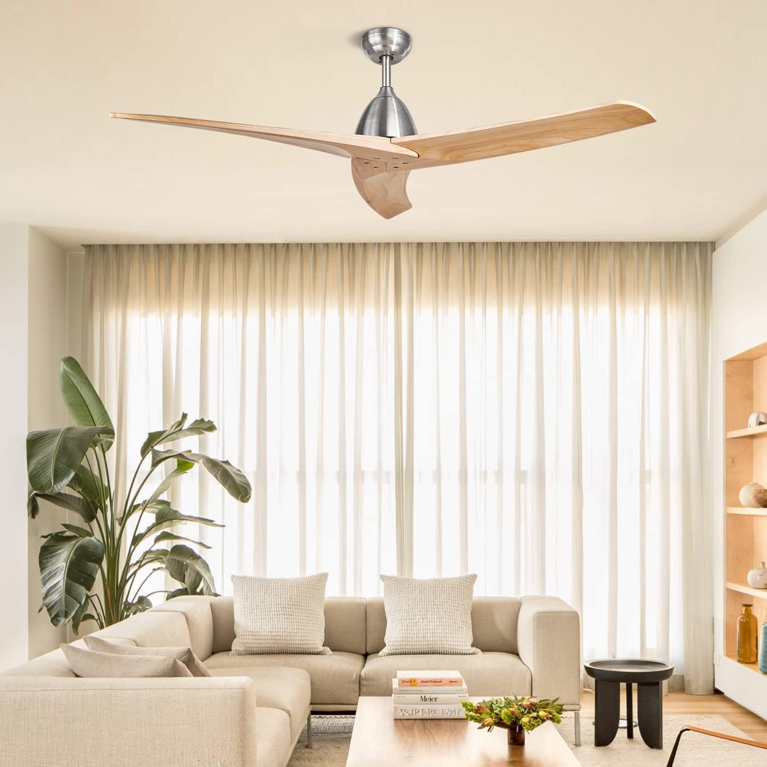 TFVV Ventilador de techo de madera sin luces de 60 pulgadas con control remoto para interiores y exteriores, montaje empotrado, níquel cepillado de