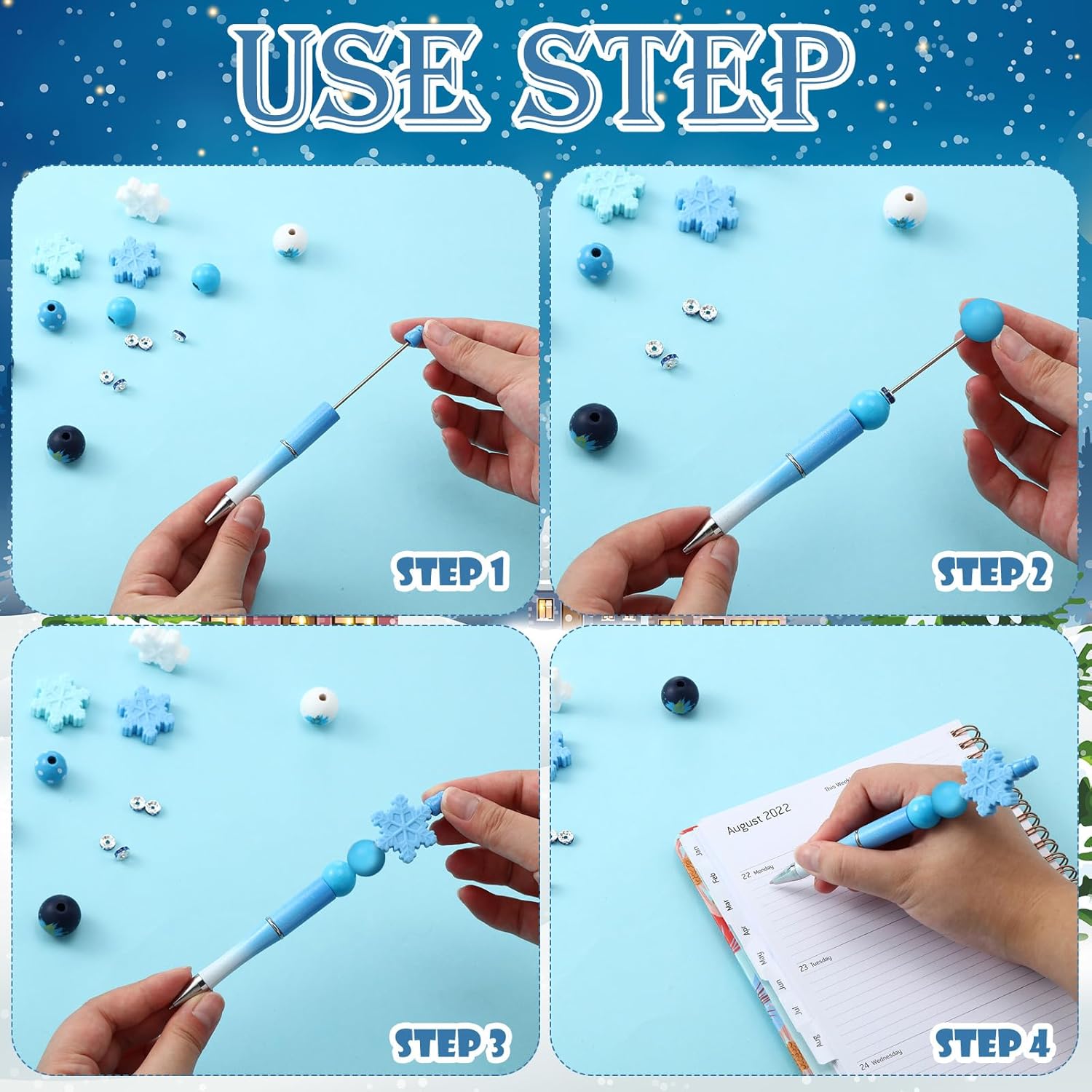 Ctosree Juego de 36 bolígrafos con cuentas, bolígrafos de silicona con cuentas de copo de nieve a granel, bolígrafos de cuentas de invierno, regalos