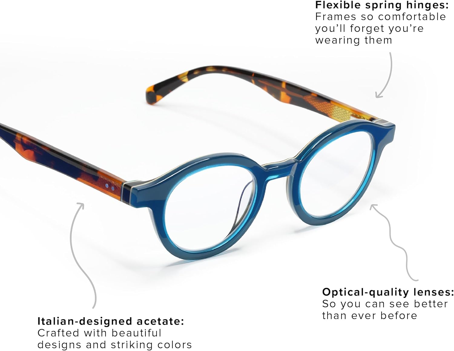 eyebobs – Fiesta de TV  Gafas de lectura prémium para hombres y mujeres  Marco redondo para caras promedio  Disponible en 0.0x – 4.0x