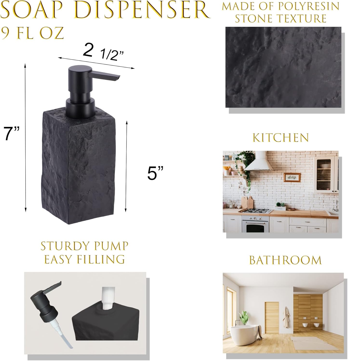 Dispensador de jabón de manos y loción de resina cuadrada de baño, efecto piedra, 9 onzas líquidas, negro