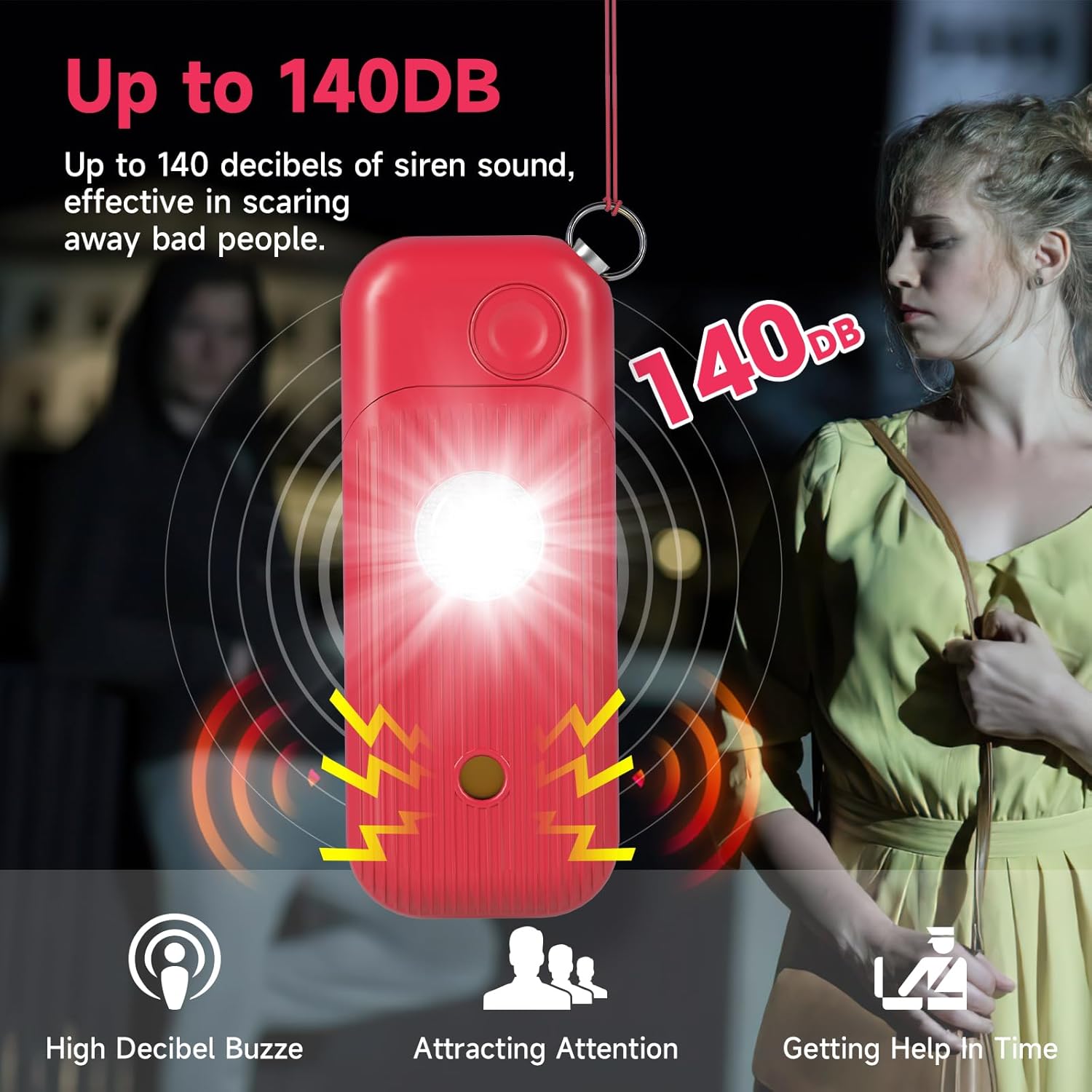 Alarma de seguridad personal para mujeres  Llaveros de autodefensa de 140 dB silbato de sirena con luz estroboscópica LED SOS, dispositivos de