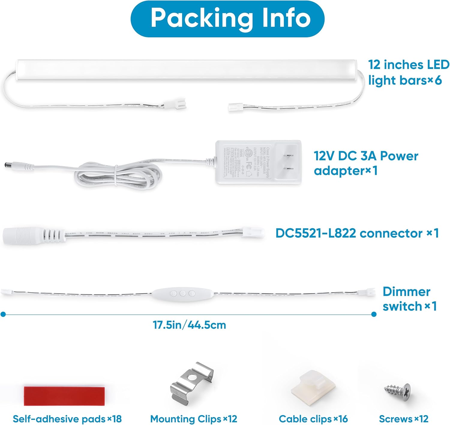 Litever Luces para debajo del gabinete enchufables, 6 barras de tira de luz LED de 12 pulgadas. Súper brillante regulable enlazable para encimera de