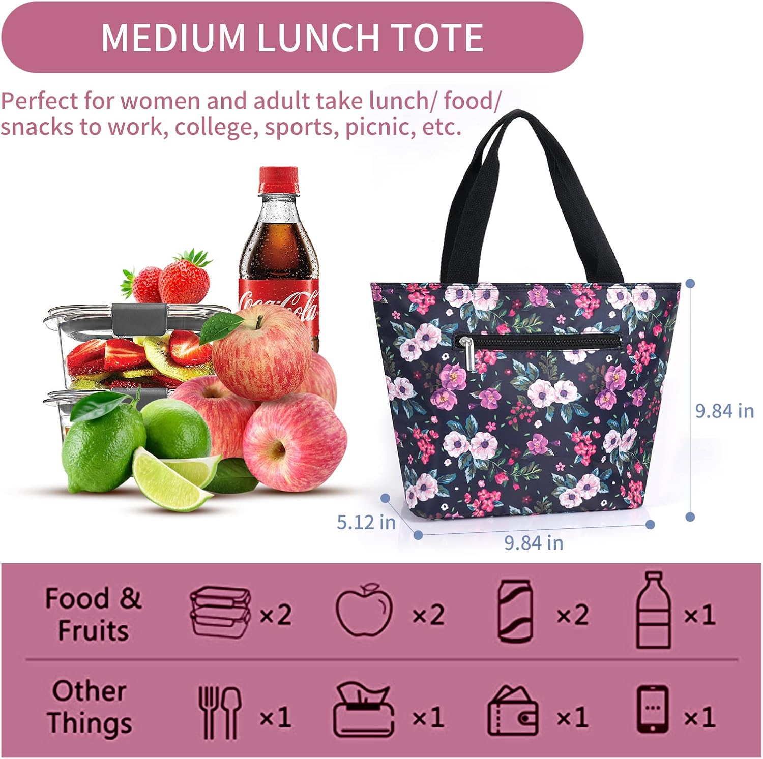 MOV COMPRA Bolsa de almuerzo para mujer, bolsa organizadora de almuerzo, bolsa térmica con cremallera extraíble para trabajo, viajes, picnic (flor