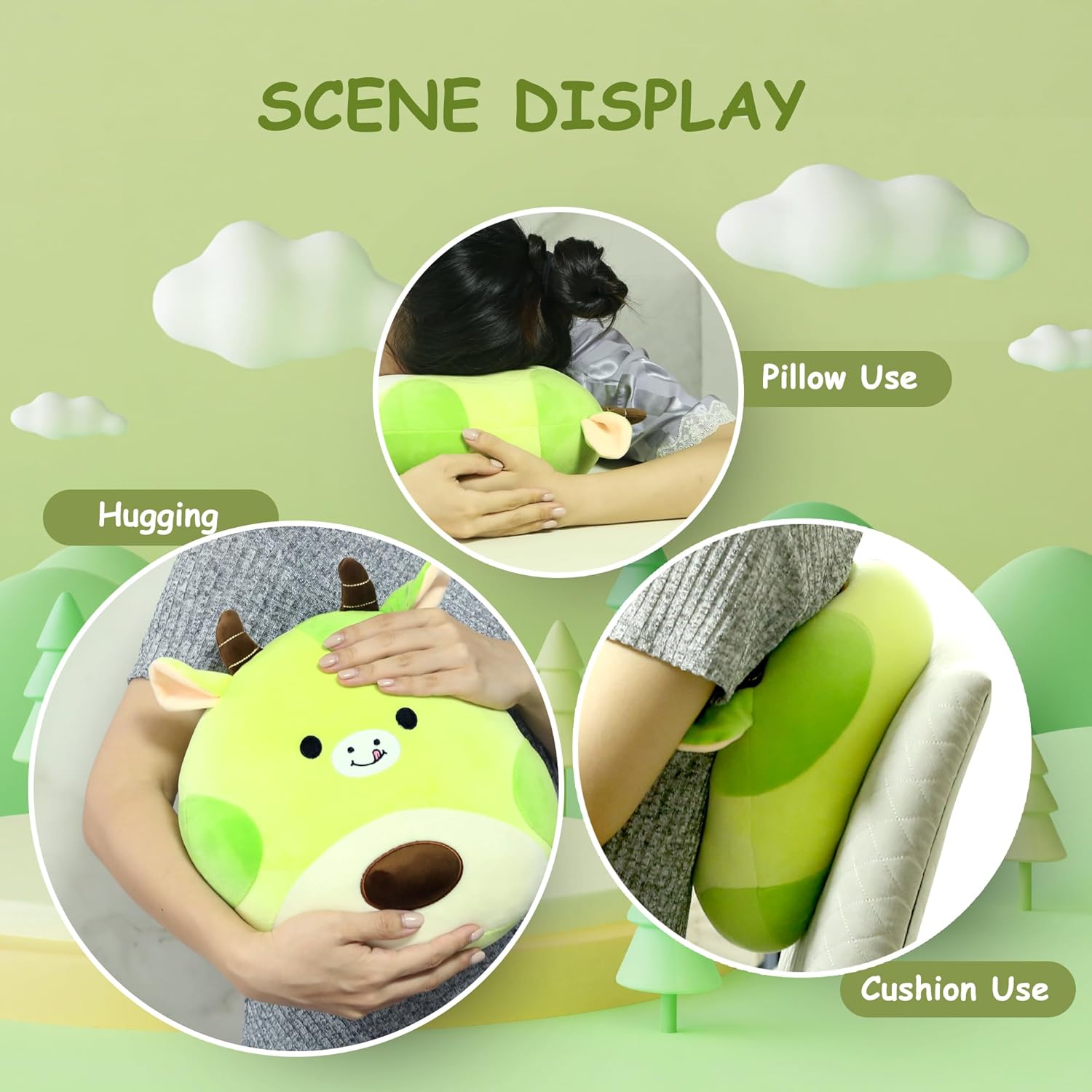 Almohada de peluche de vaca de aguacate, bonito animal de peluche suave, decoración para niños y niñas, color verde, 8 pulgadas