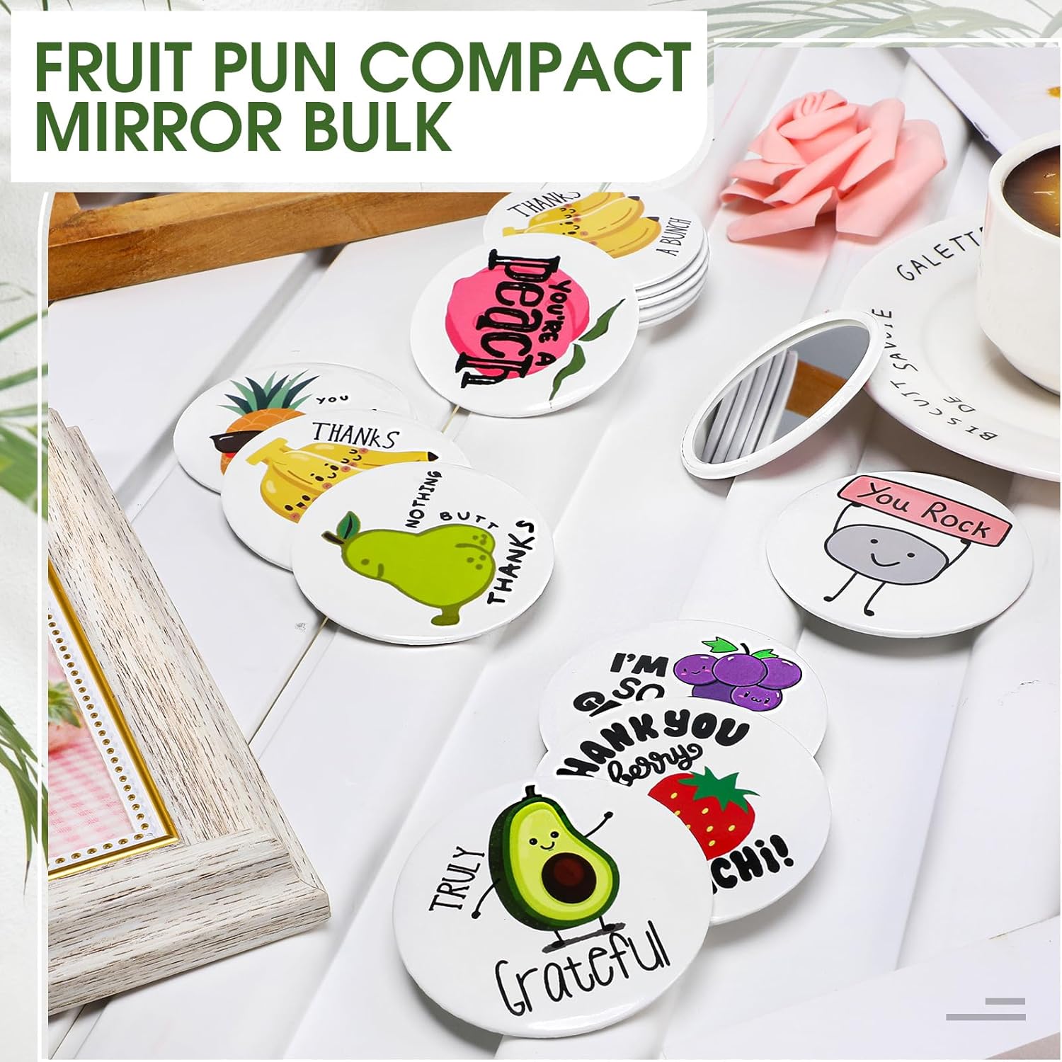 Espejo compacto motivacional a granel, inspirador juego de palabras de frutas, espejo de bolsillo para maquillaje, regalo de agradecimiento, regalo