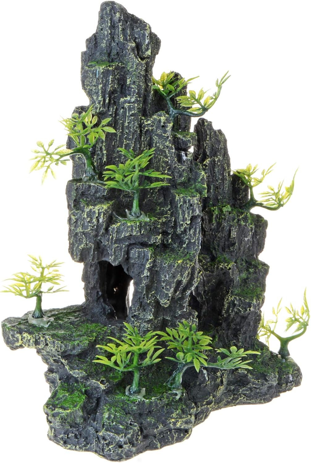 Saim Adornos de piedra para acuario, vista de montaña, árbol, cueva, cueva, pecera, con 3 peces pequeños de plástico (estilo 4)
