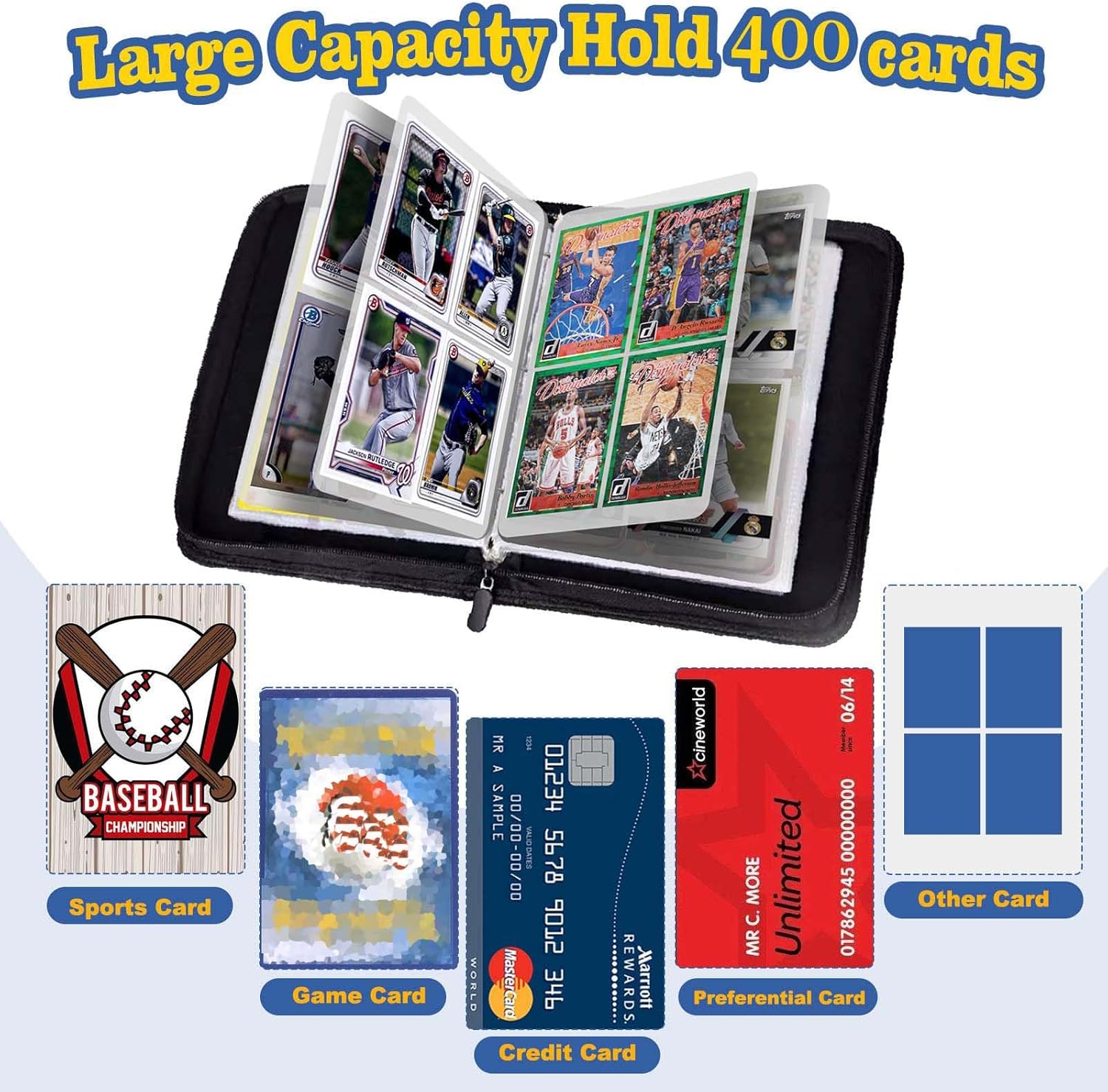 Carpeta de tarjetas para tarjetas intercambiables, 4 bolsillos, 50 fundas extraíbles, 400 tarjetas con cremallera, carpetas portátiles de tarjetas,