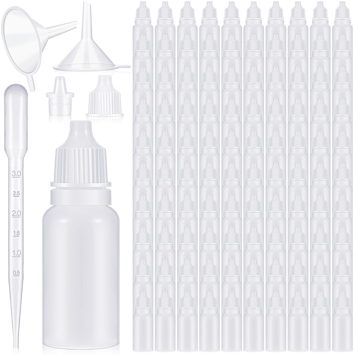 Uiifan 100 botellas de plástico con cuentagotas de líquido exprimible con tapa de rosca, 10 cuentagotas de embudo para gotas de ojos (blanco, 0.5 fl