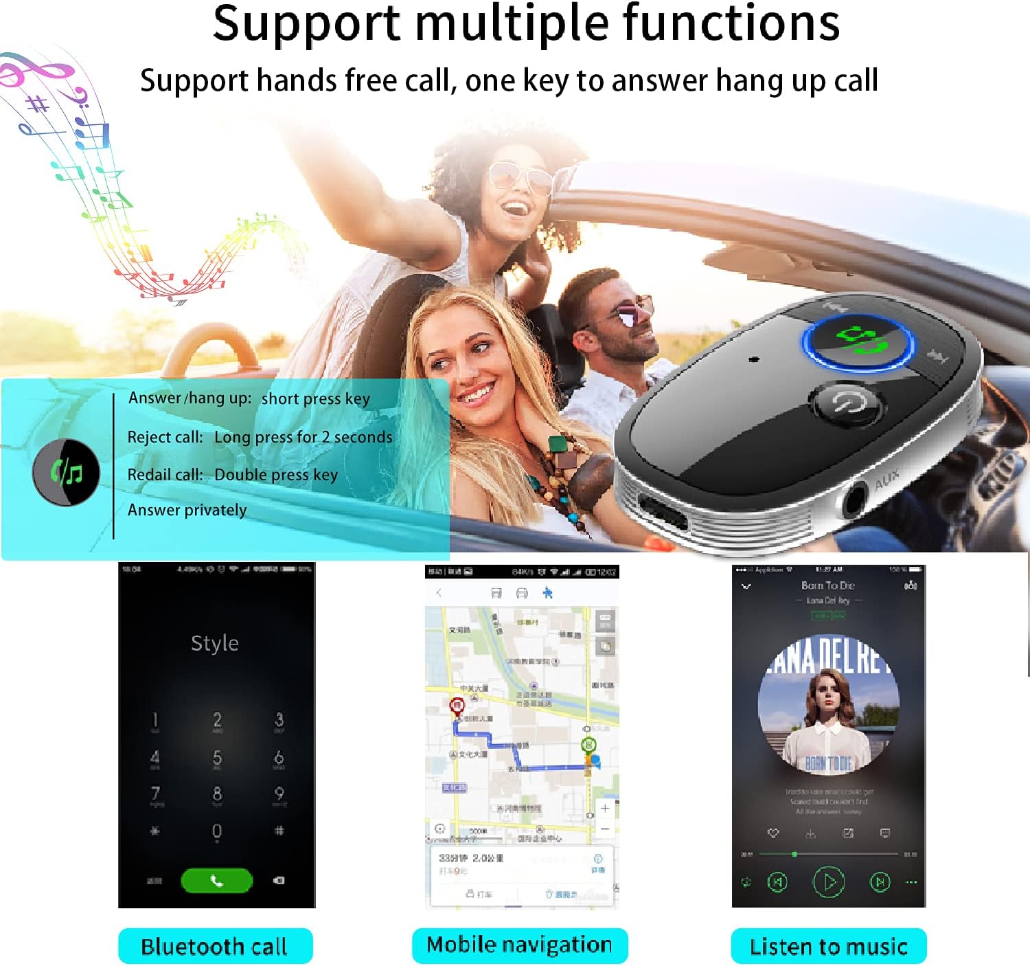 Adaptador AUX Bluetooth para automóvil, receptor Bluetooth 5.0 portátil para cocheestéreo domésticoauriculares con cable, transmisión de música,
