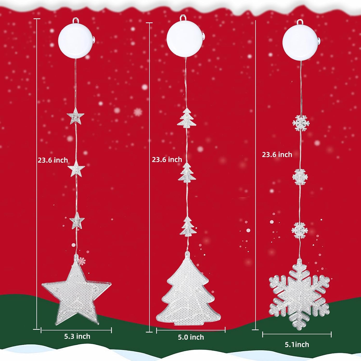 Decoraciones de Navidad, 3 luces de Navidad para ventana, alimentadas por pilas, decoración de ventana de Navidad, árbol y copo de nieve y forma de