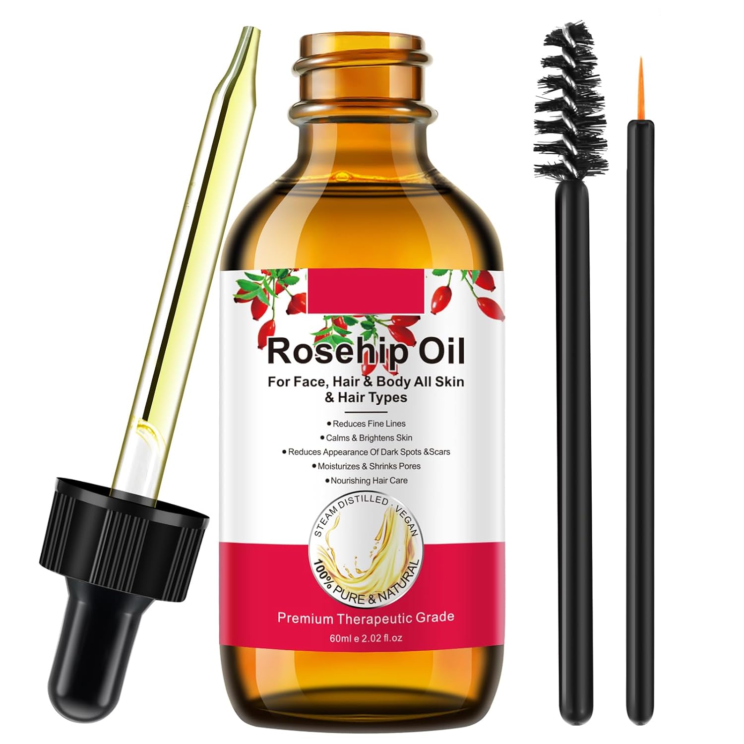 Aceite de rosa mosqueta de 2.1 fl oz para cara, aceite de semilla de rosa mosqueta orgánico para la piel, aceite esencial de rosa mosqueta, aceite