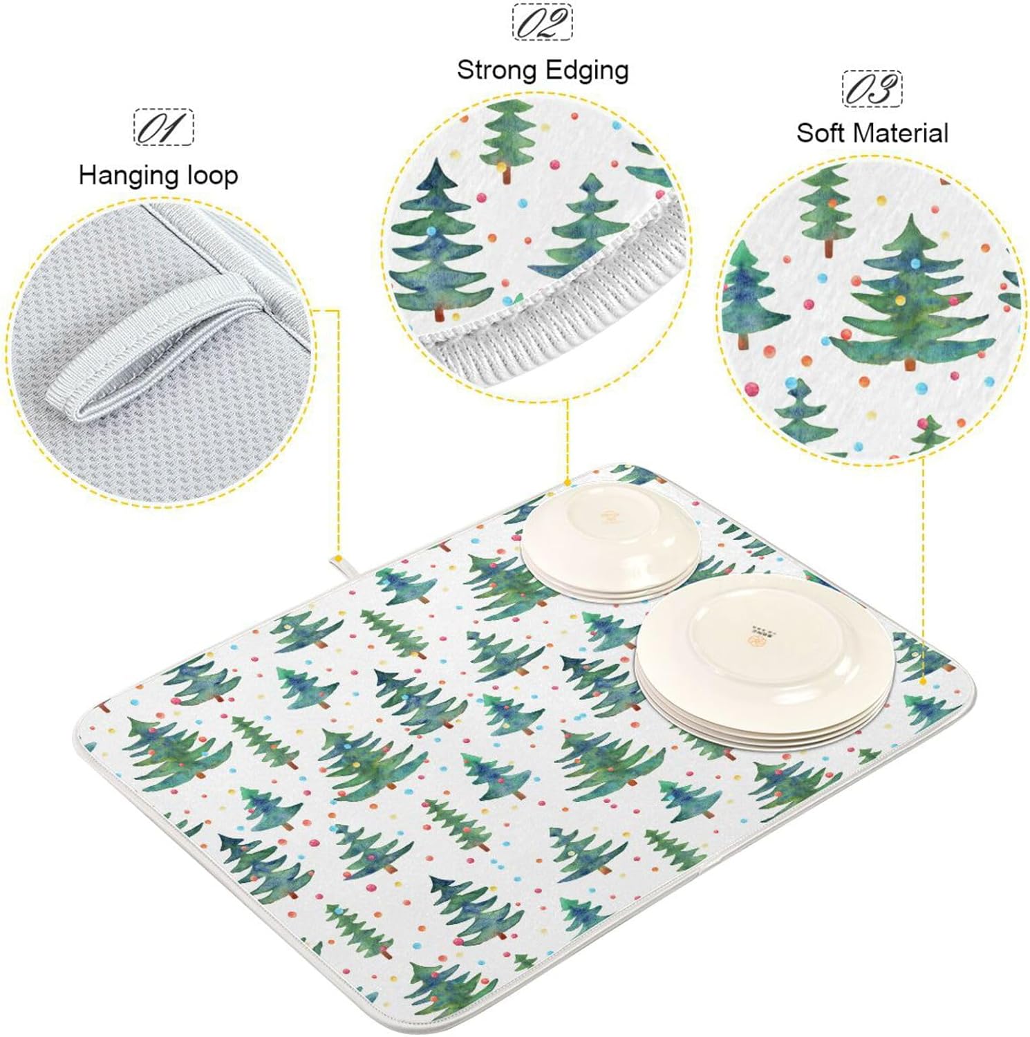 Green Trees Ball Drying Dish Mat Washnable Absorbent Drying Mat Kitchen Counter Drainer Mat Tapete Para Cocina 16” x 18”