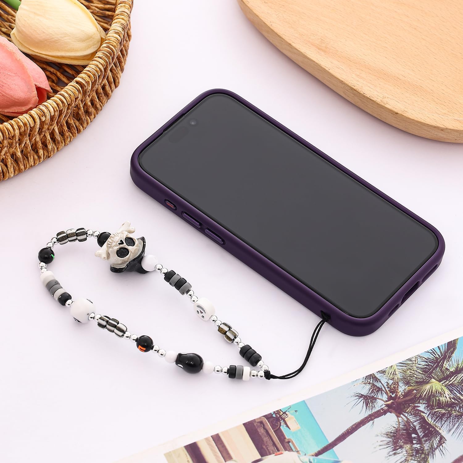 Cordón de teléfono con abalorios y dije de 6 piezas para la muñeca, con diseño de frutas, estrellas, perlas o arco iris para mujeres y niñas.