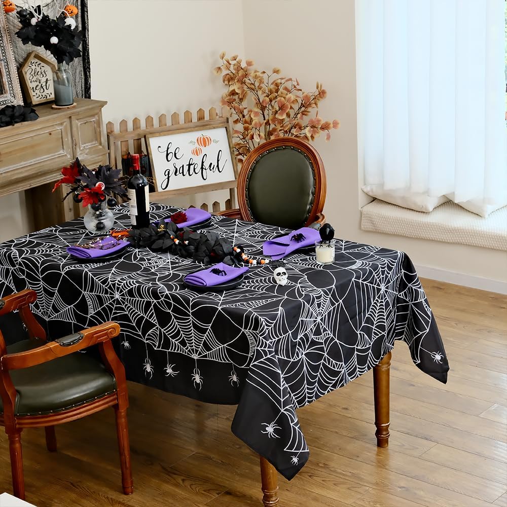 Mantel rectangular de Halloween de 60 x 84 pulgadas, tela de araña, cubierta de mesa decorativa para decoración de vacaciones, decoración de