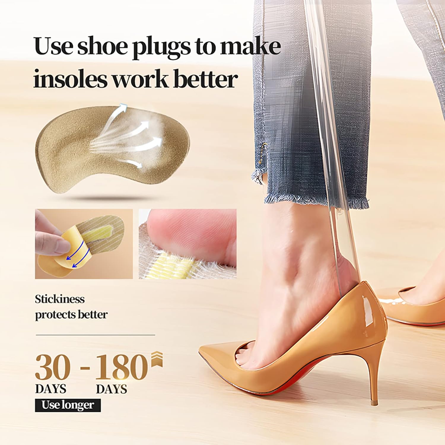 Almohadillas de cuero para el talón para zapatos sueltos, color caqui, 5 pares, Desnudo