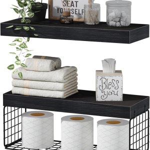 QEEIG Estantes de baño negros sobre el inodoro, estantes flotantes montados en la pared, estante de granja, soporte para papel higiénico, tamaño QEEIG Estantes de baño negros sobre el inodoro, estantes flotantes montados en la pared, estante de granja, soporte para papel higiénico, tamaño