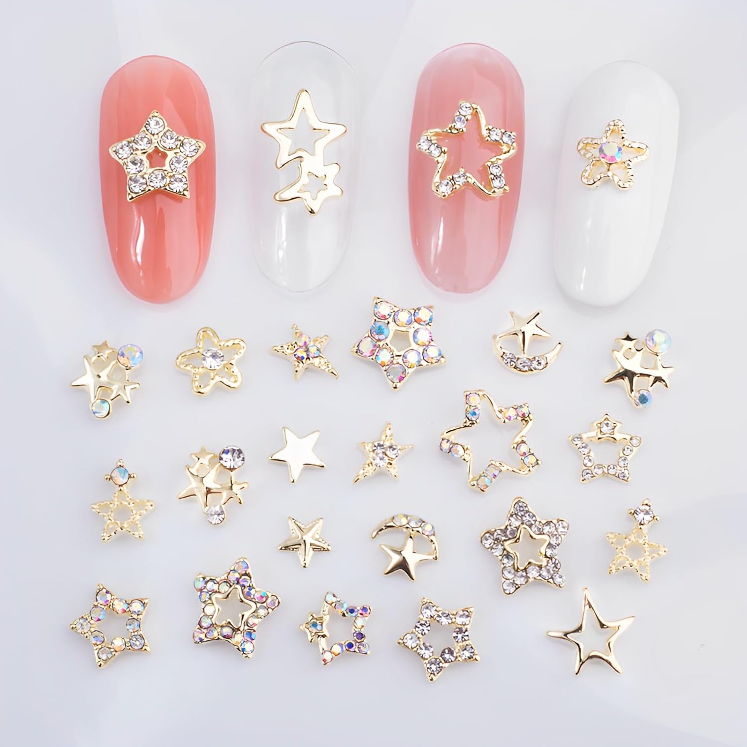 Shemboli – 24 dijes de uñas de estrella para uñas acrílicas, estrellas doradas 3D, diamantes de imitación de uñas, gemas de uñas, pentagrama, lindos