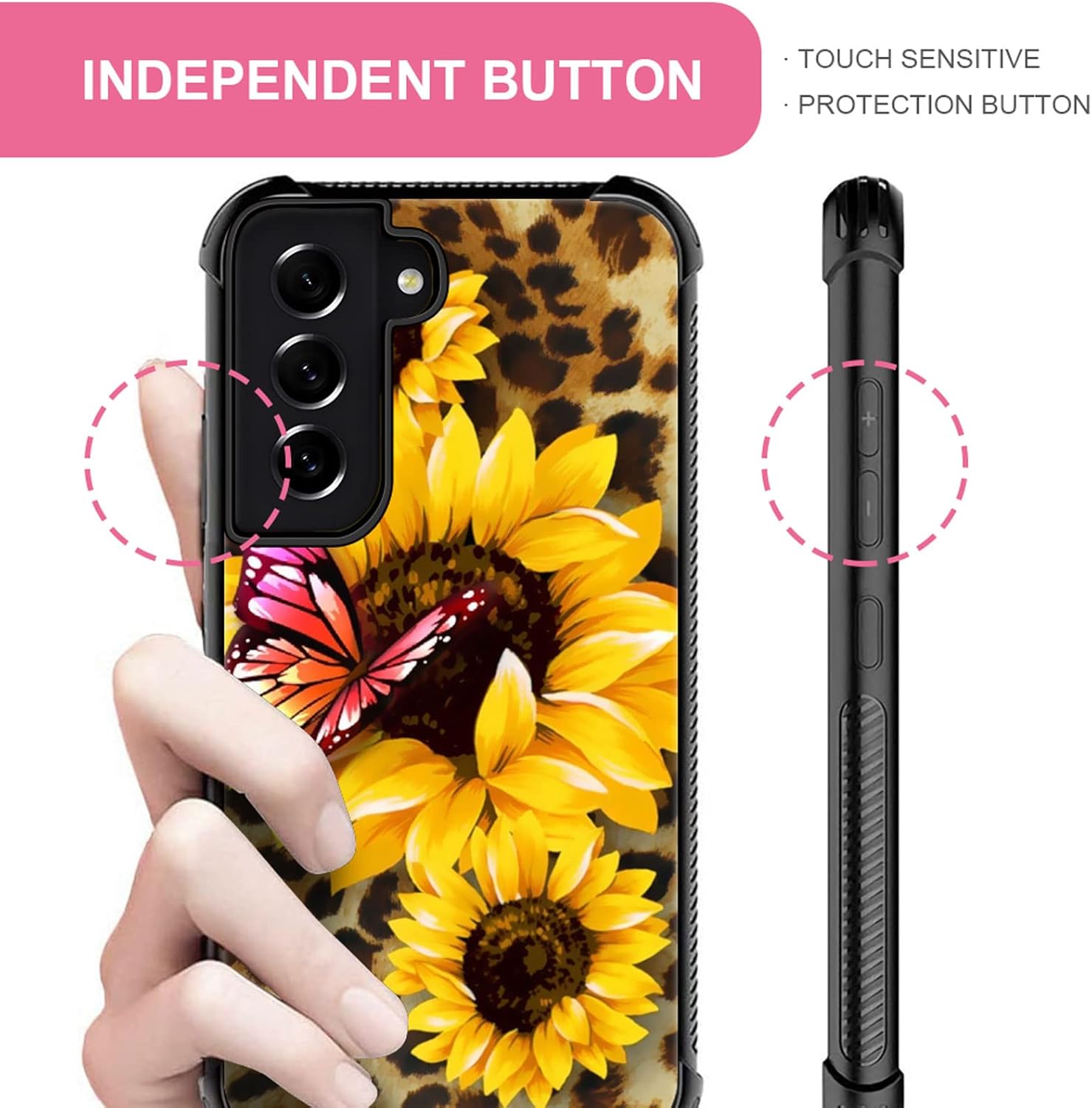 Goodsprout Funda compatible con Samsung Galaxy S22 Plus, parte trasera de girasol y mariposa de leopardo + funda protectora de silicona suave TPU
