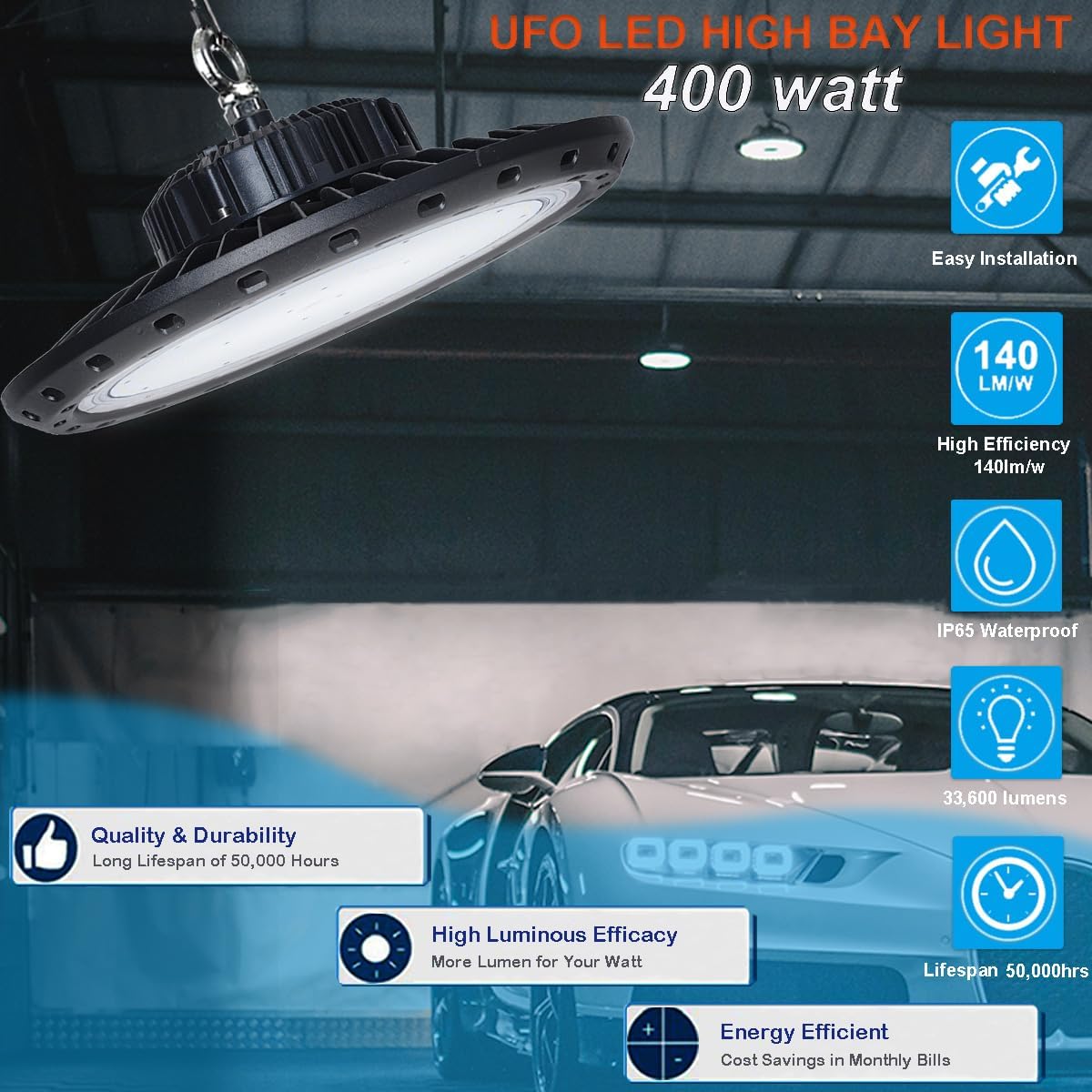 Luz LED UFO de 400 W, 56,000 lm con enchufe de EE. UU., luz LED de alta bahía de 5000 K 100-277 V para almacén, taller, fábrica, gimnasio, garaje,