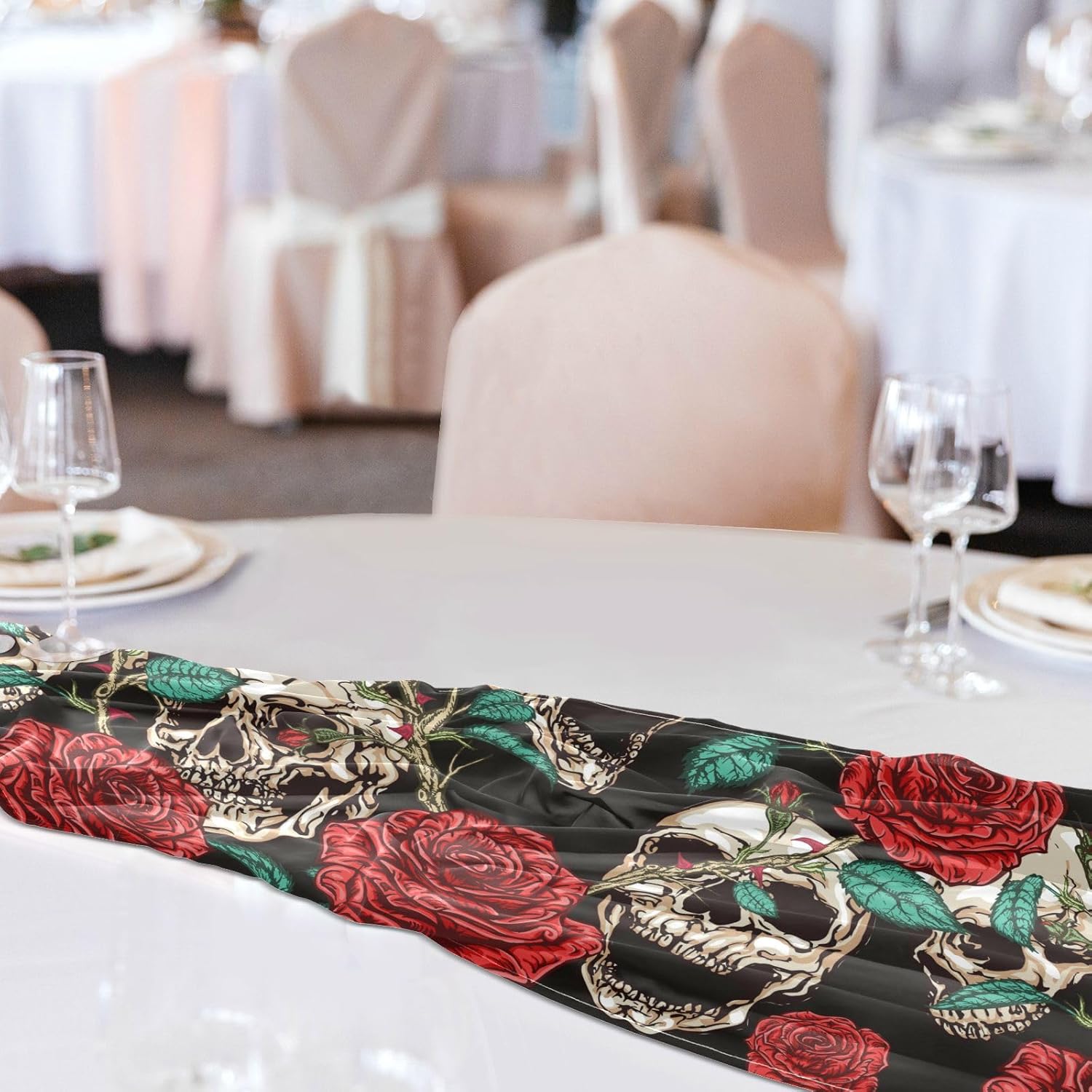Skulls and Red Roses Table Runner Fall Decor for Desk Decor Halloween Kitchen Decor 108 Inches Long