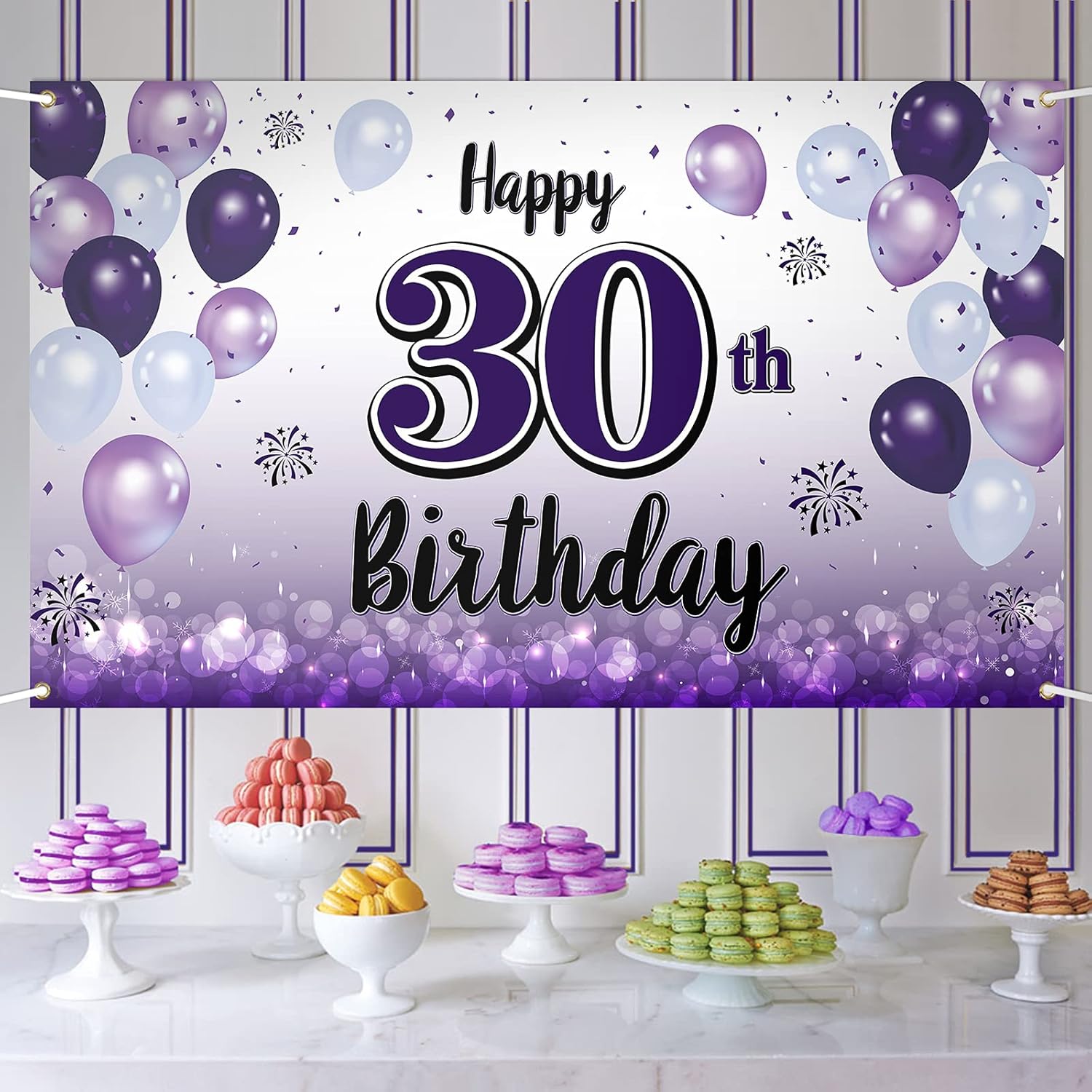 Cartel grande morado de feliz cumpleaños 30  Saludos a los 30 años de edad, telón de fondo fotoprop de pared para el hogar, decoraciones de fiesta
