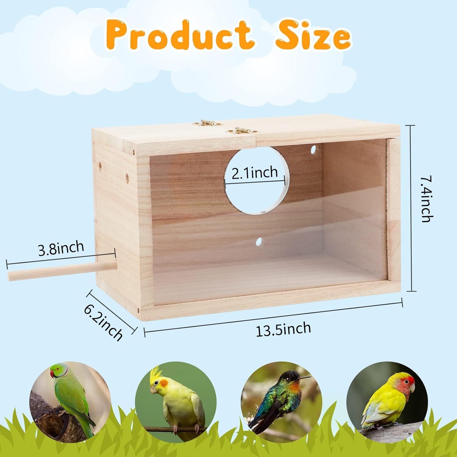 Rypet Caja de nido de periquitos con diseño transparente, caja de cría de nido de pájaros con perca de madera para pájaros de cacatúa, agapornis,