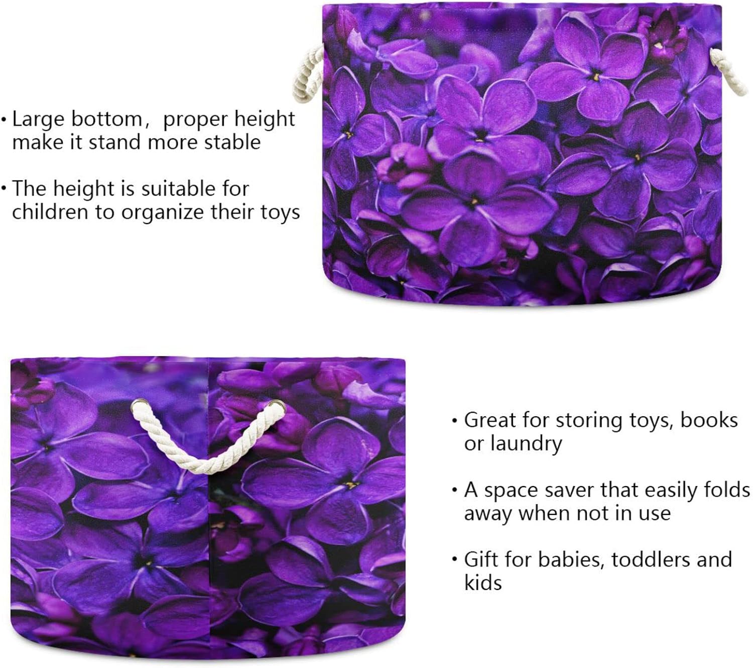 Kigai Cesta de cuerda de algodón floral morado lila de primavera, cesta grande redonda para ropa sucia para bebé, manta de juguete, contenedor de