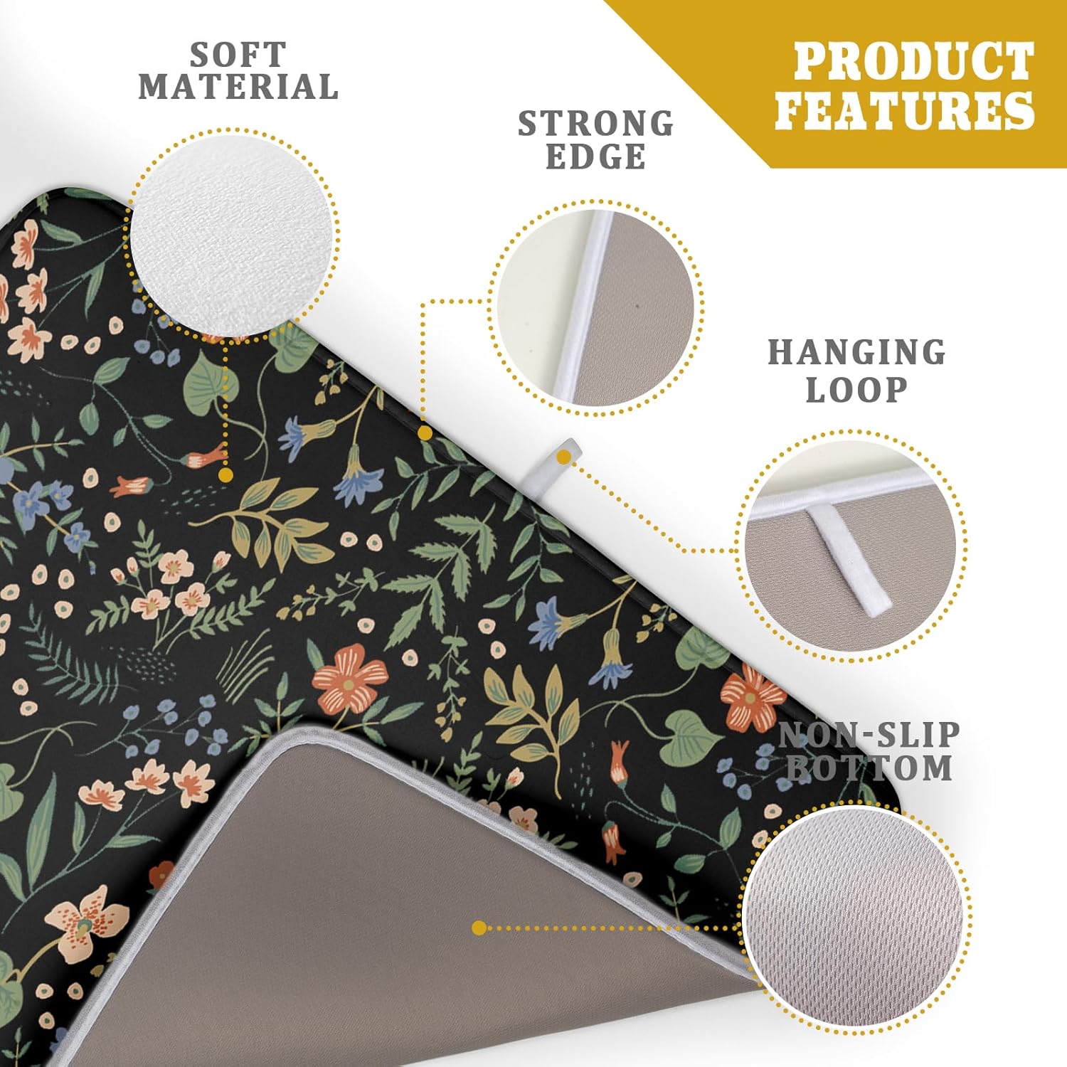 Tapete de secado de platos de flores negras para encimera de cocina, 18 x 24 pulgadas, almohadilla de secado de microfibra reversible absorbente,
