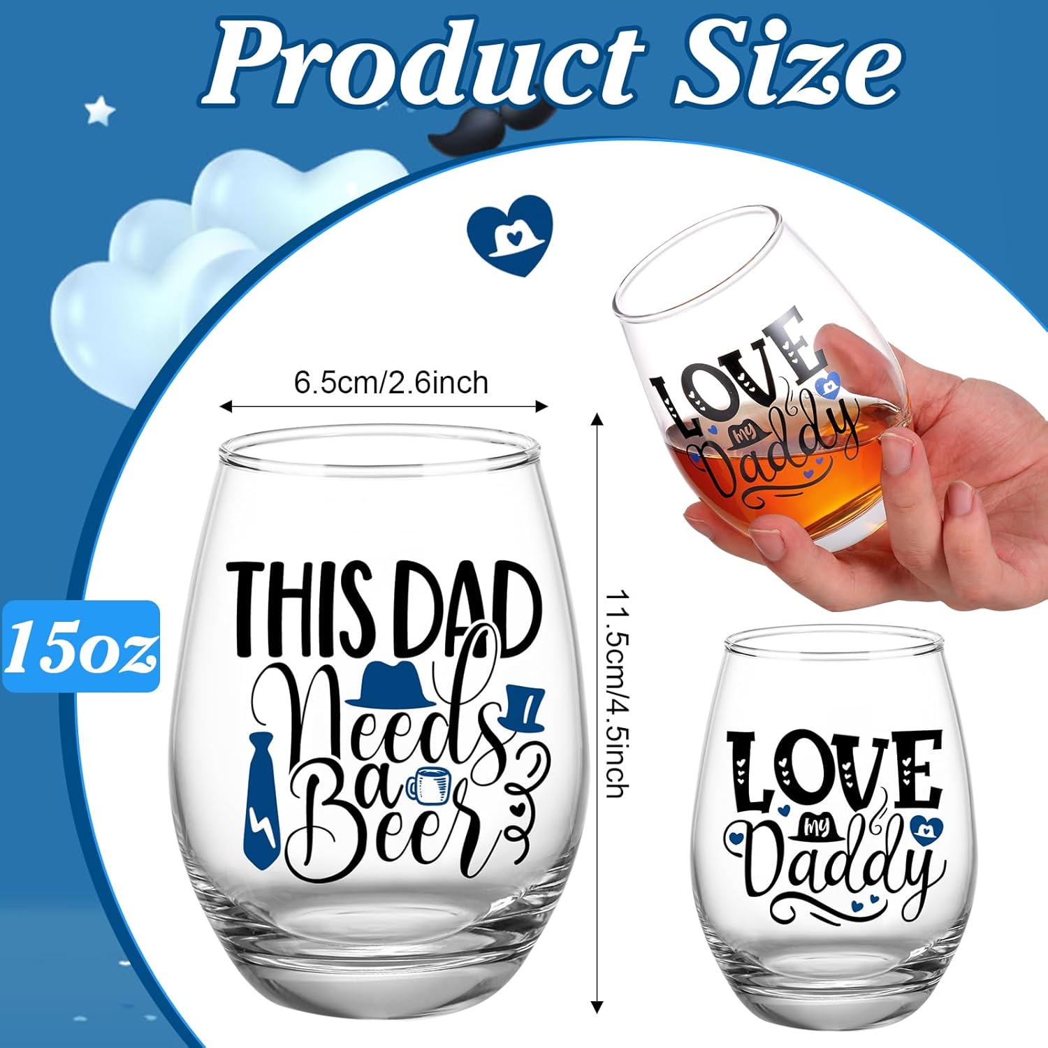 Paquete de 2 copas de vino sin tallo para el Día del Padre, de 15 onzas, divertidas copas de vino modernas, copas de vino de vacaciones para papá,