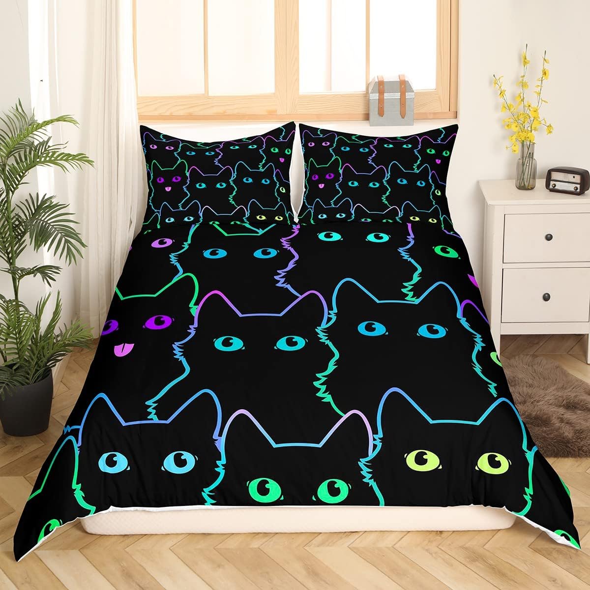 Juego de ropa de cama con diseño de dibujos animados para niñas, niños, mascotas, gatos, funda de edredón con luz de neón, decoración de habitación,