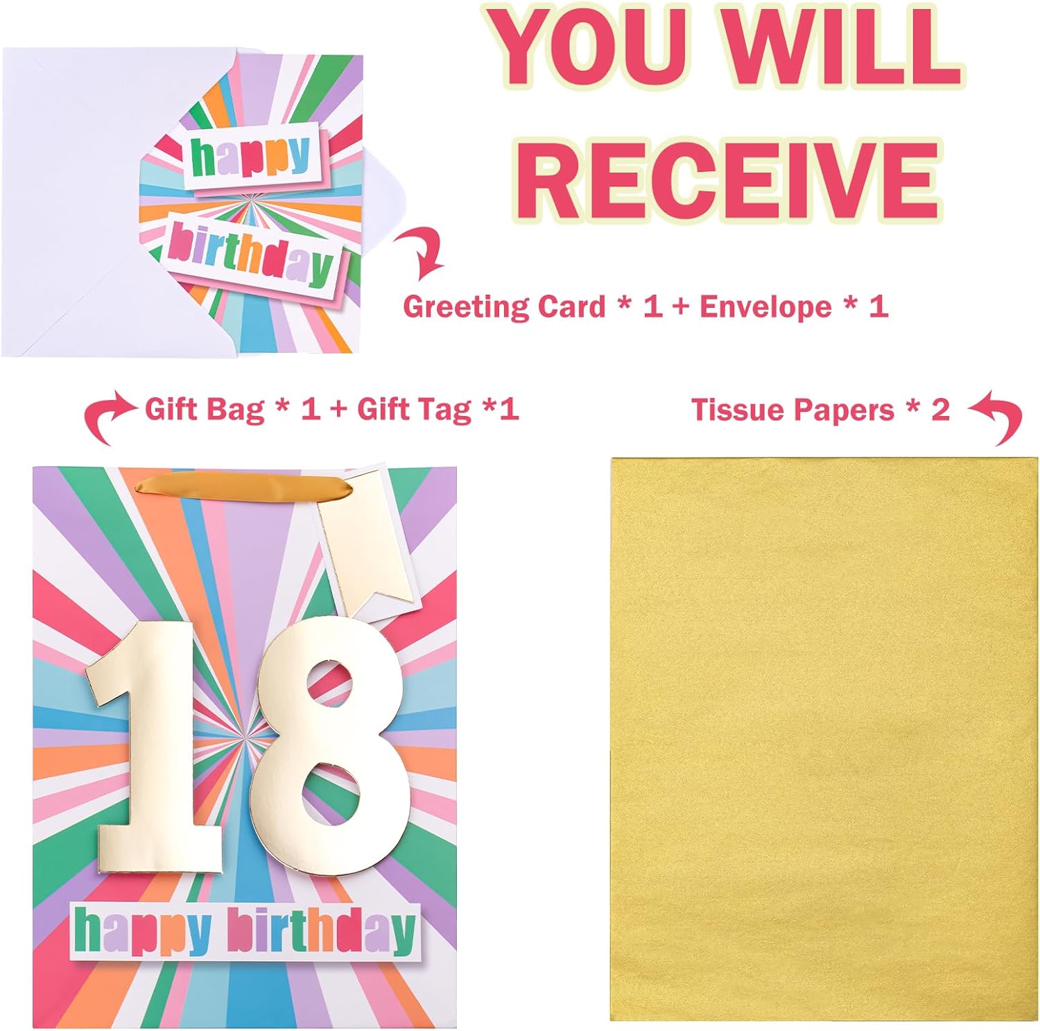 WRAPAHOLIC Bolsa de regalo de cumpleaños grande de 13 pulgadas con tarjeta y papel de seda – 18 cumpleaños