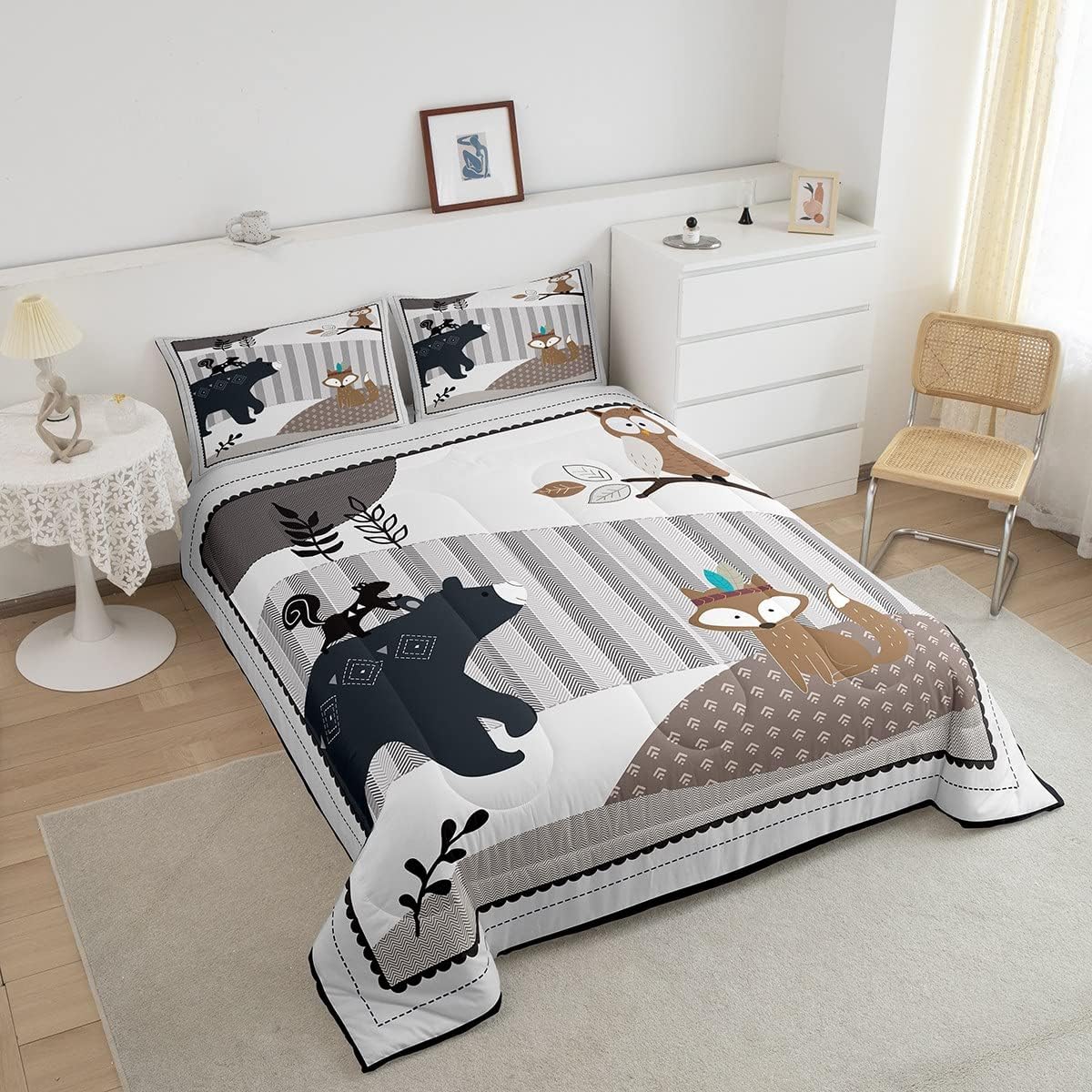 Castle Fairy Juego de edredón de dibujos animados de animales, tamaño matrimonial, edredón de ropa de cama con 2 fundas de almohada, diseño de oso