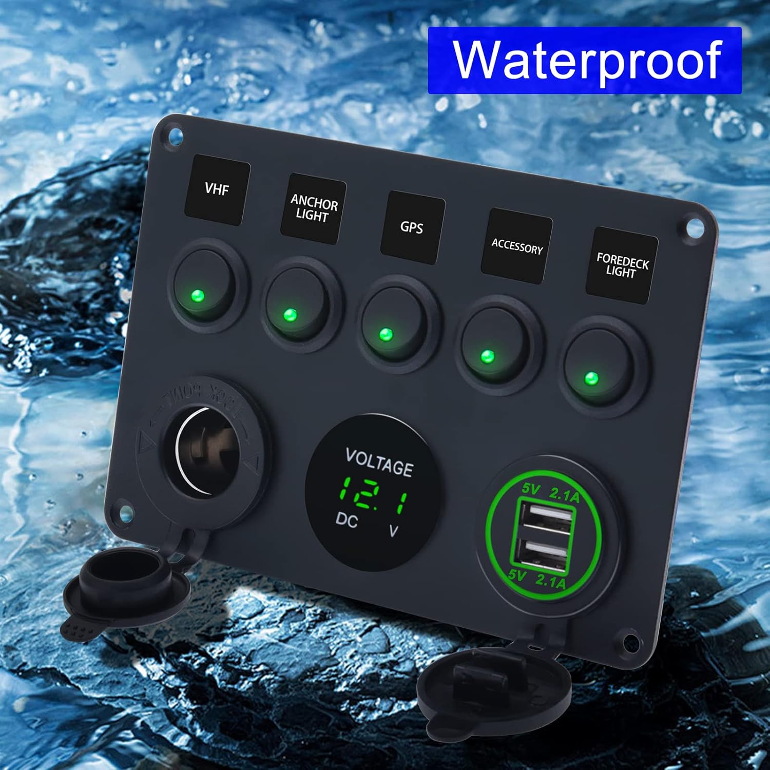KAOLALI Panel de interruptores de palanca de 5 bandas, panel de interruptores marinos automotrices, panel de interruptores impermeable de 12 V para