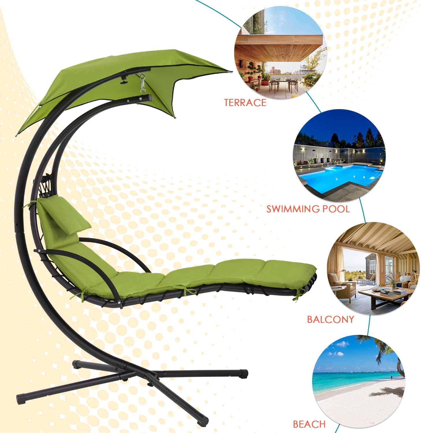 PayLessHere Silla hamaca con almohada integrada y silla de columpio extraíble para patio, toldo hamaca soporte de arco para porche de aire para