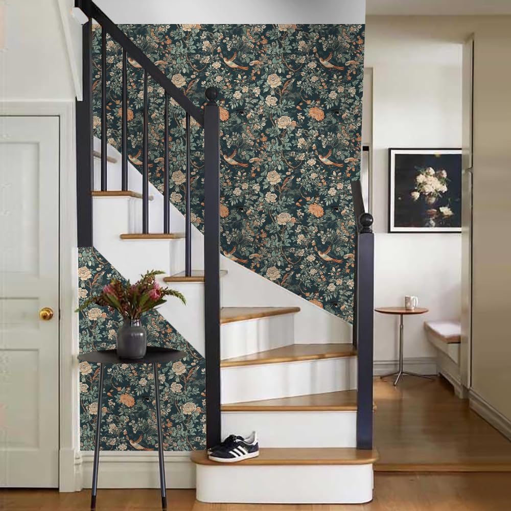 Papel tapiz autoadhesivo de 18 x 236 pulgadas, diseño floral de peonías verdes, bosque, floral, autoadhesivo, extraíble, fácil de despegar, para