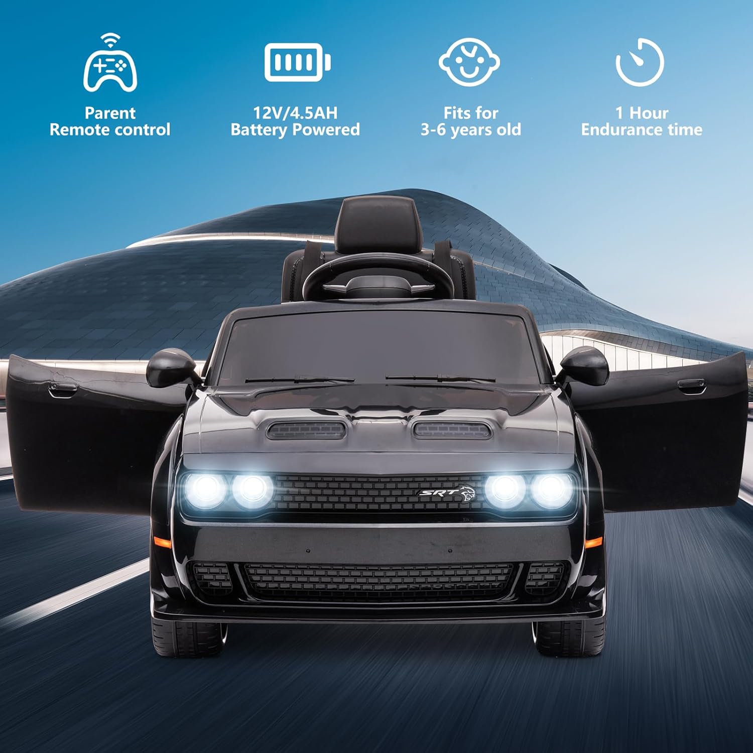 SEGMART Dodge Kids Ride on Car, vehículo eléctrico de 12 V para niños con control remoto, luz LED, MP3 y Bluetooth, sistema de suspensión (negro)