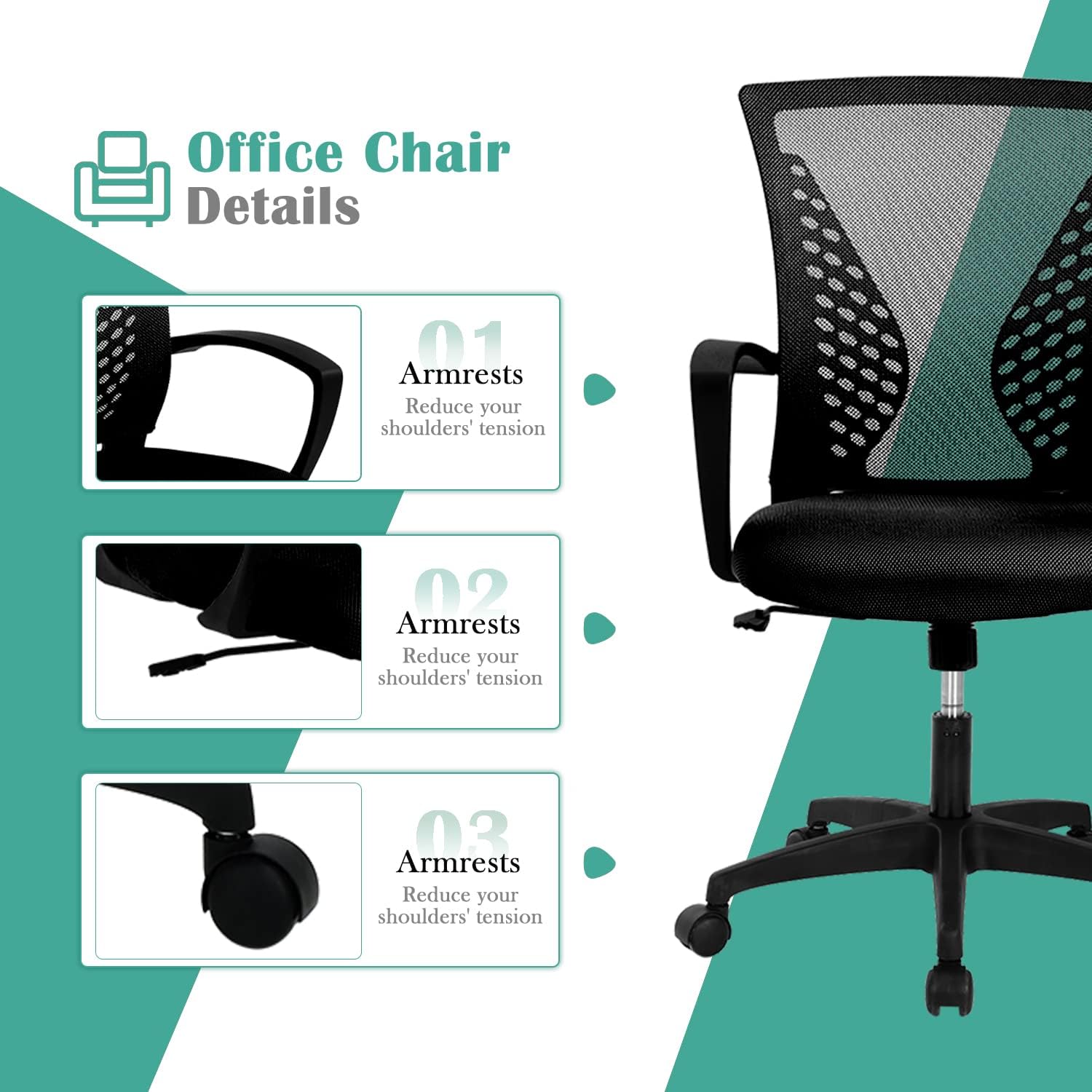 Silla de oficina en casa, silla de escritorio ergonómica, respaldo medio, silla de computadora de PC con soporte lumbar y reposabrazos, silla de
