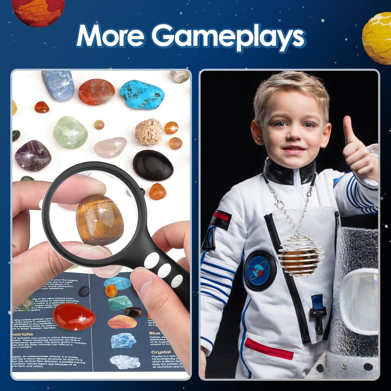 Woumserta Kit de excavación de piedras preciosas, juguetes espaciales del sistema solar excavan 15 gemas de 10 planetas, kits de ciencia para niños
