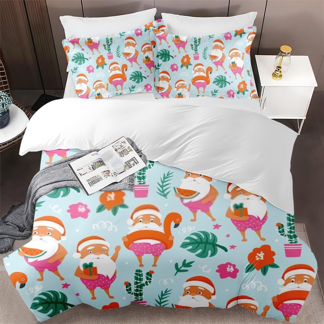 Juego de funda de edredón, diseño tropical de Papá Noel de Navidad para niños y adultos, decoración de dormitorio, juego de funda de edredón con