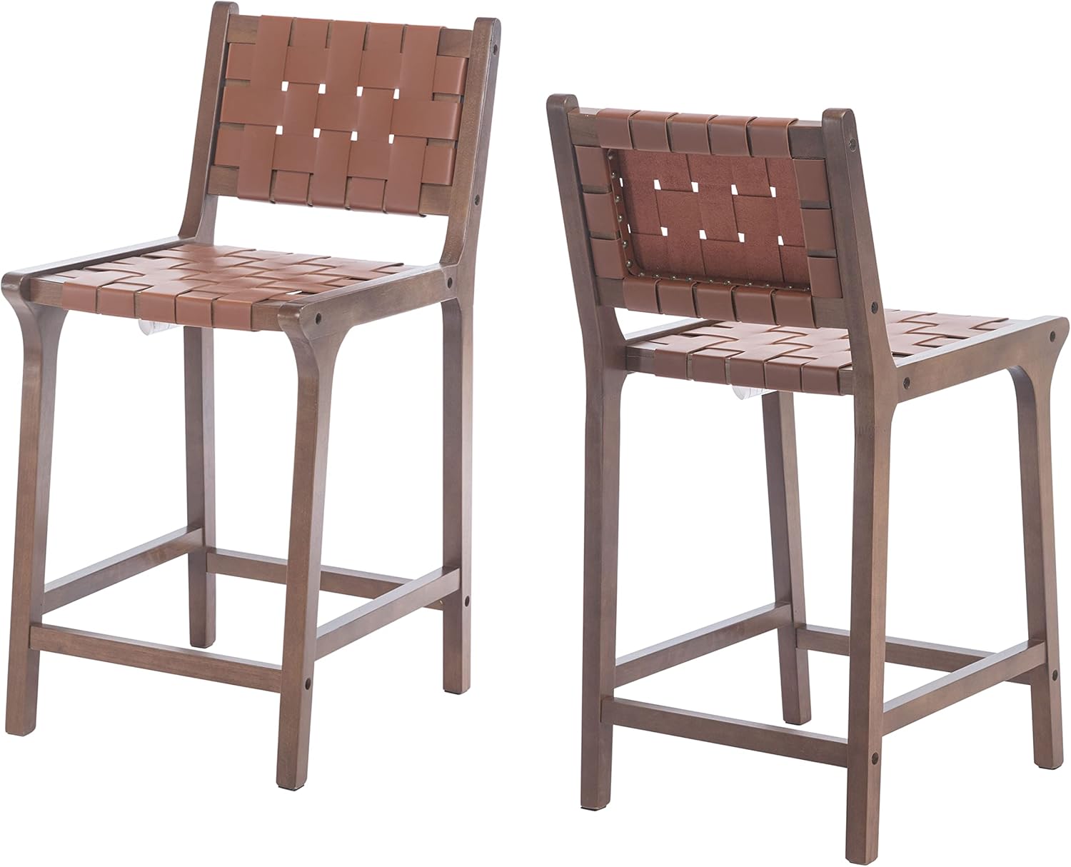 DM Furniture Juego de 2 taburetes de bar de altura de mostrador de 23.5 pulgadas, tiras tejidas de piel sintética, taburetes de bar con correas de