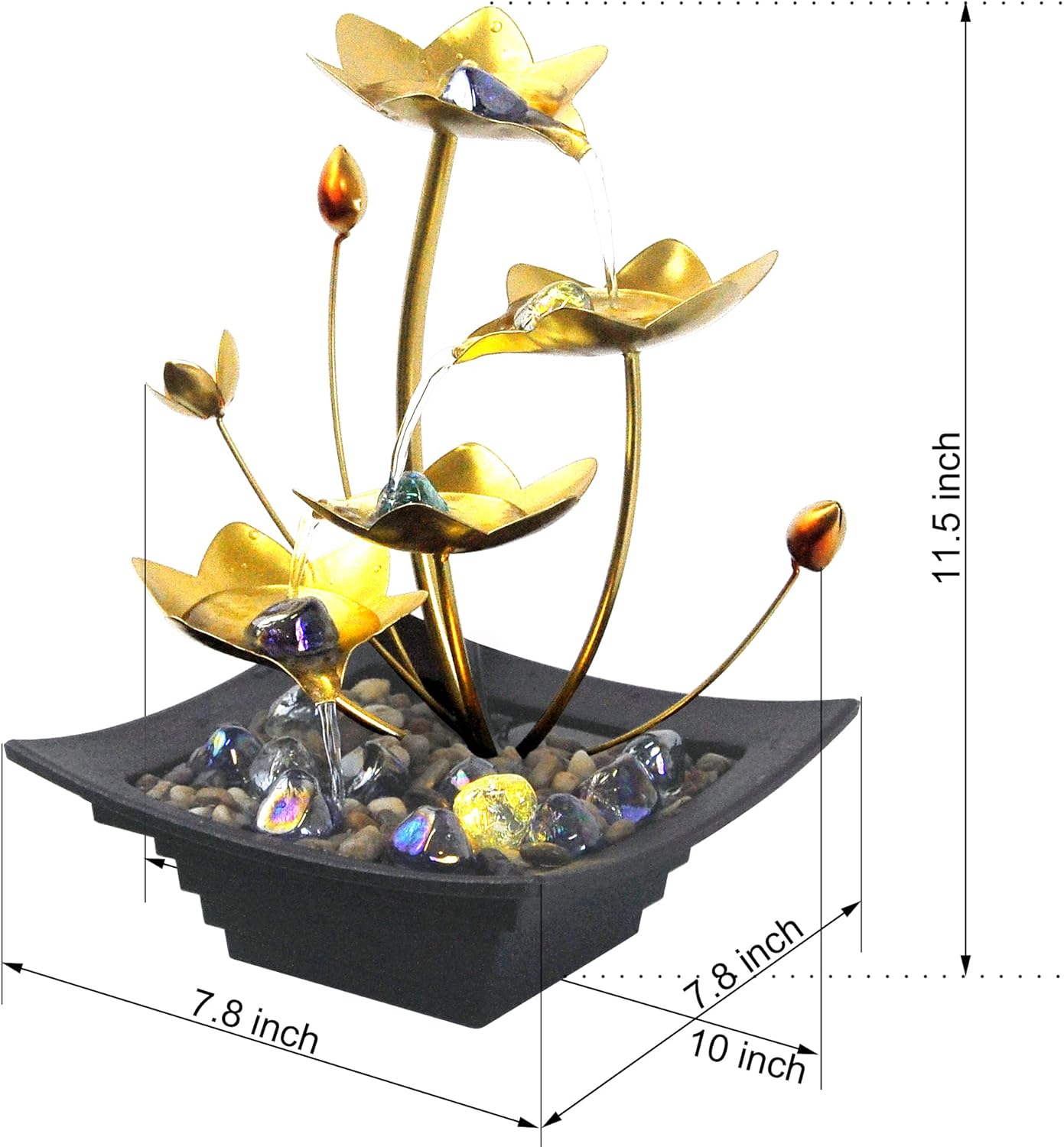 Fuente de mesa de hoja de loto para interiores de 4 niveles, mini cascada de relajación para decoración de habitaciones, fuente de agua con rocas de