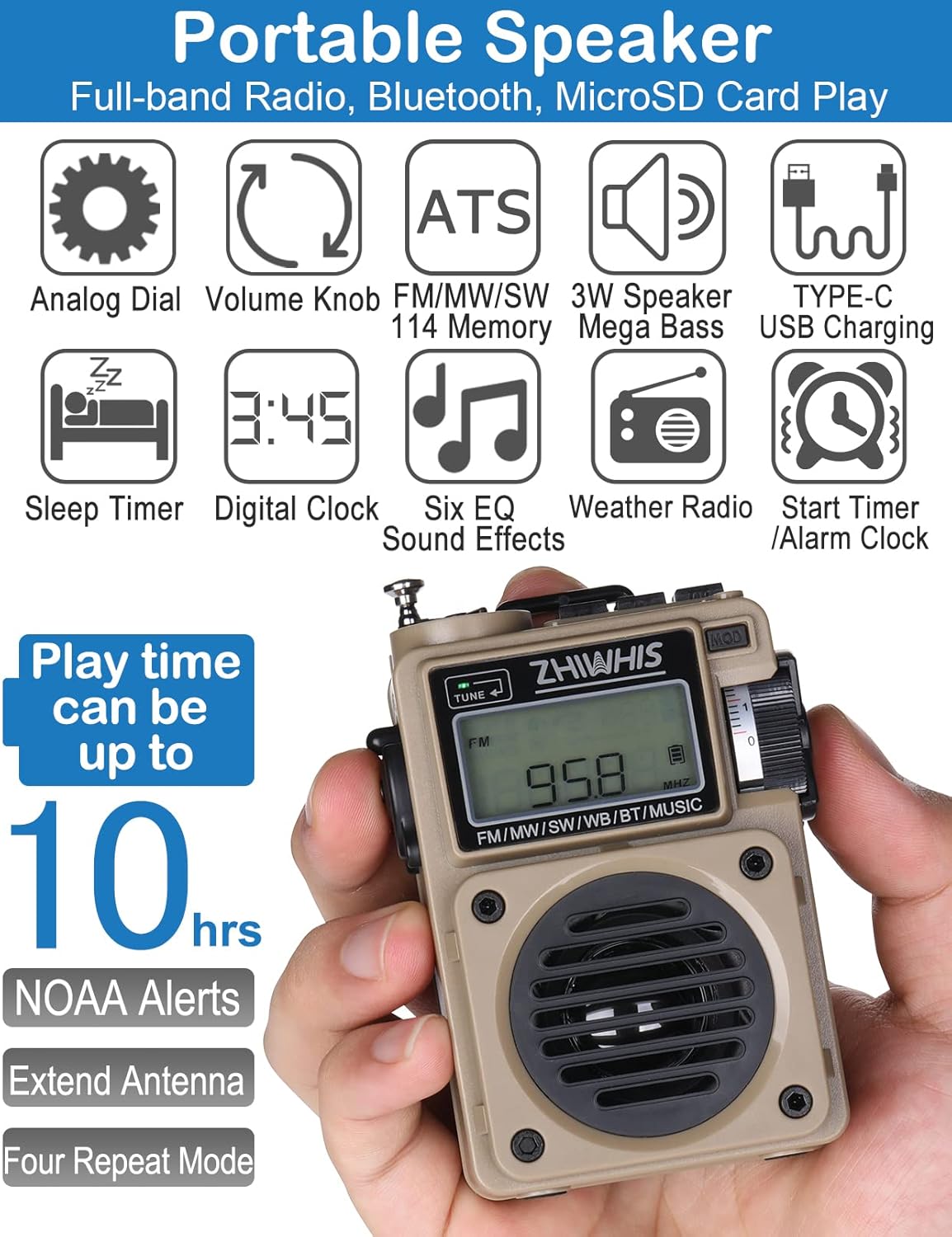 ZHIWHIS Radio de onda corta reproductor de MP3 con radios meteorológicos portátil AM FM altavoz Bluetooth retro con 6 modos de ecualización receptor - Imagen 3