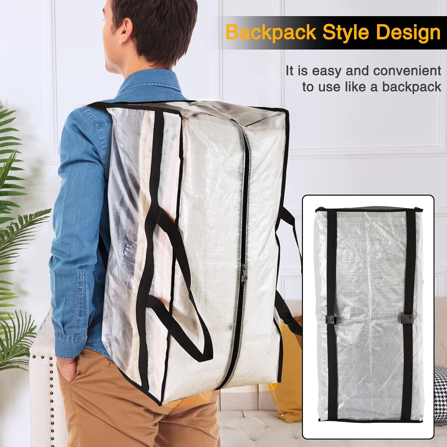 Fixwal Paquete de 4 bolsas de mudanza, suministros de mudanza, bolsas de almacenamiento grandes de gran tamaño con correas de mochila, asas fuertes,