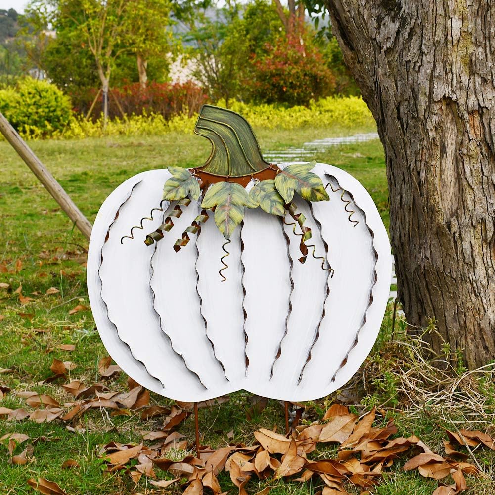 Morning View Estaca de metal con diseño de calabaza para jardín, decoración de otoño, decoración de calabazas rústicas para patio, decoración de