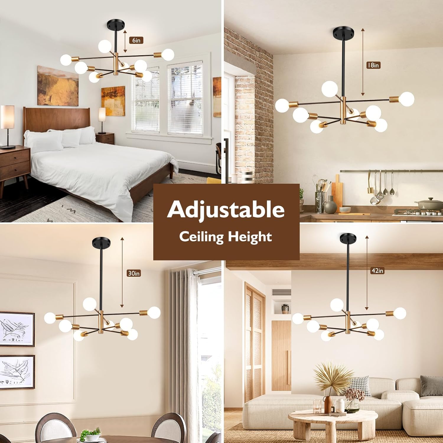 Candelabro Sputnik de 8 luces, lámparas colgantes negras y doradas, moderna lámpara de comedor de granja de latón de mediados de siglo, altura